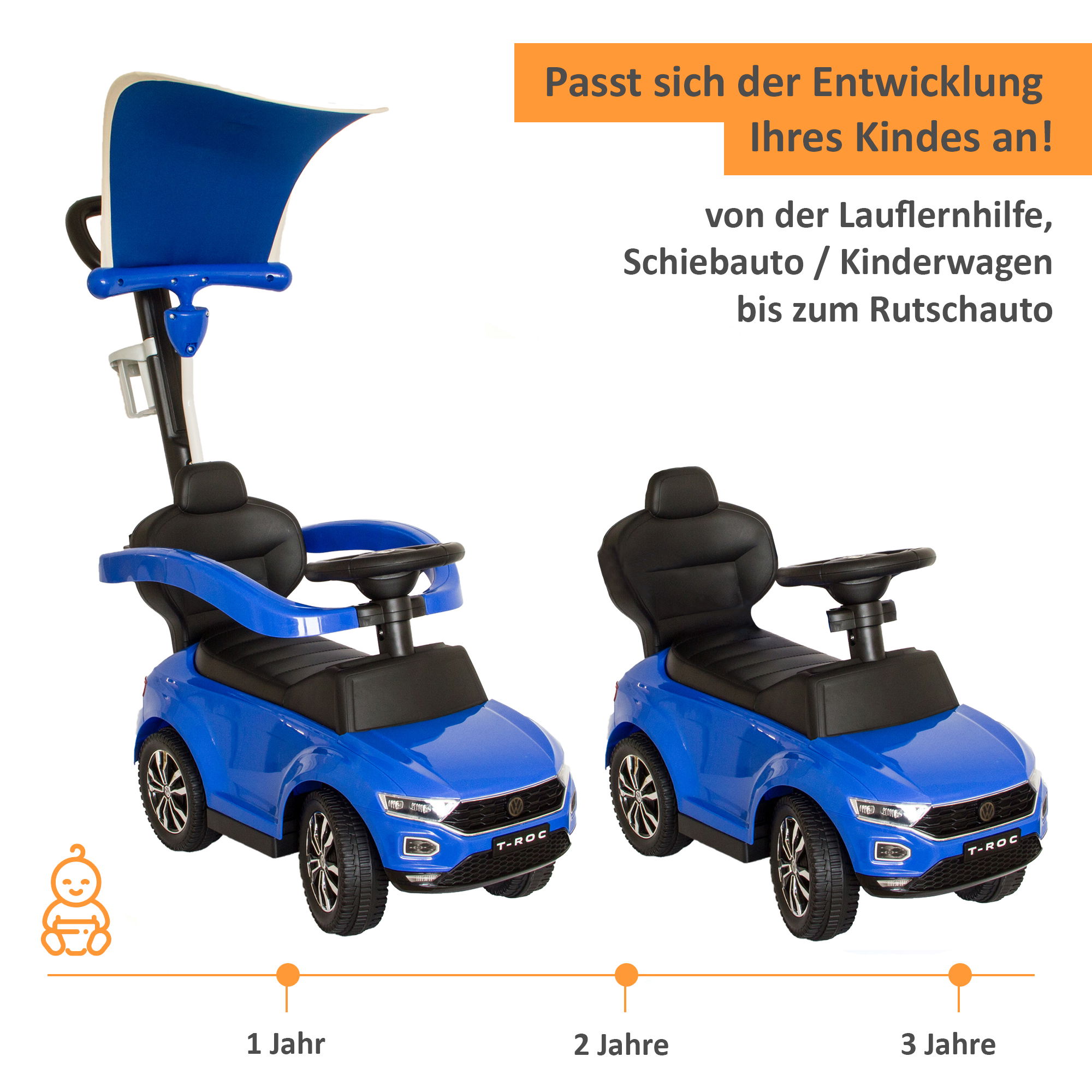 VW Rutschauto in blau mit Schiebestange, Rutschfahrzeug ab 1 Jahr, Rutscherfahrzeug mit Sicherheitsbügel PT001_B VW Rutschauto in blau mit Schiebestange, Rutschfahrzeug ab 1 Jahr, Rutscherfahrzeug mit Sicherheitsbügel PT001_B