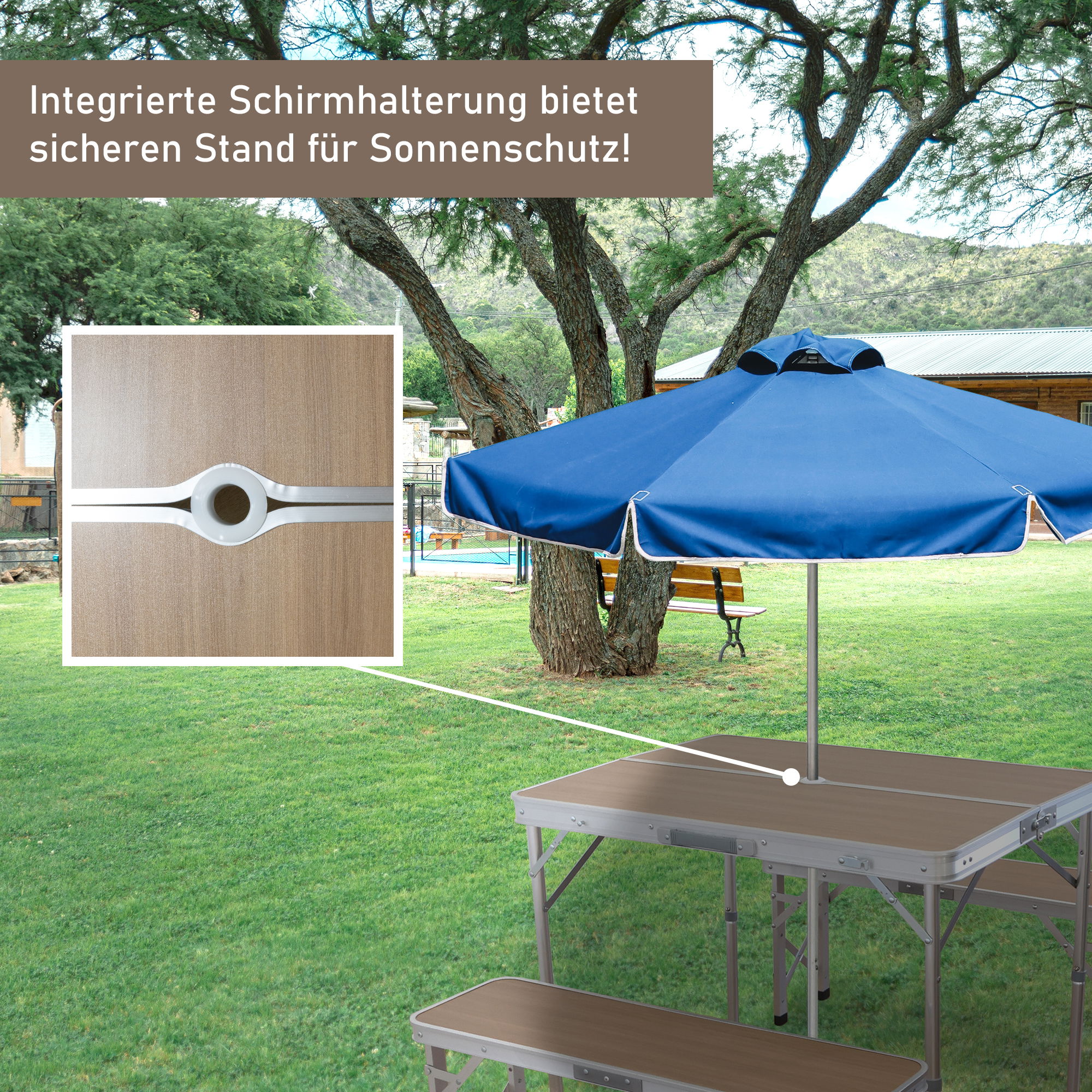 Klapptisch mit 2 Bänken, Campingtisch klappbar aus Aluminium mit Sonnenschirmhalter WT003