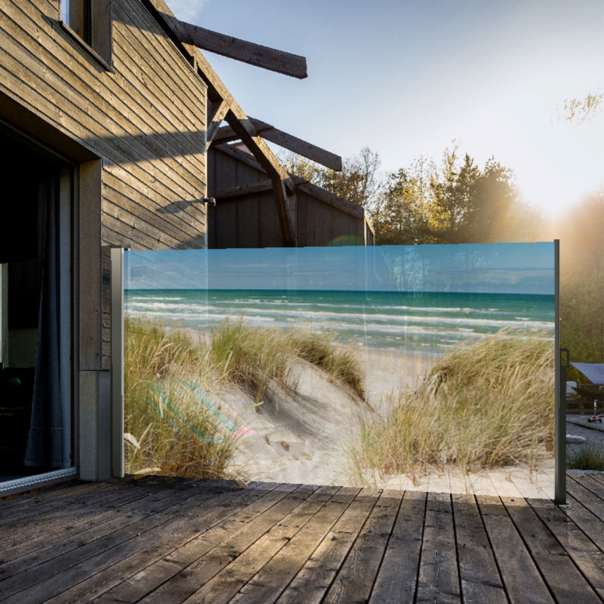 Seitenmarkise ausziehbar rechts, 180 cm hoch, Seitenrollo mit Fotodruck Ostsee NA098-L