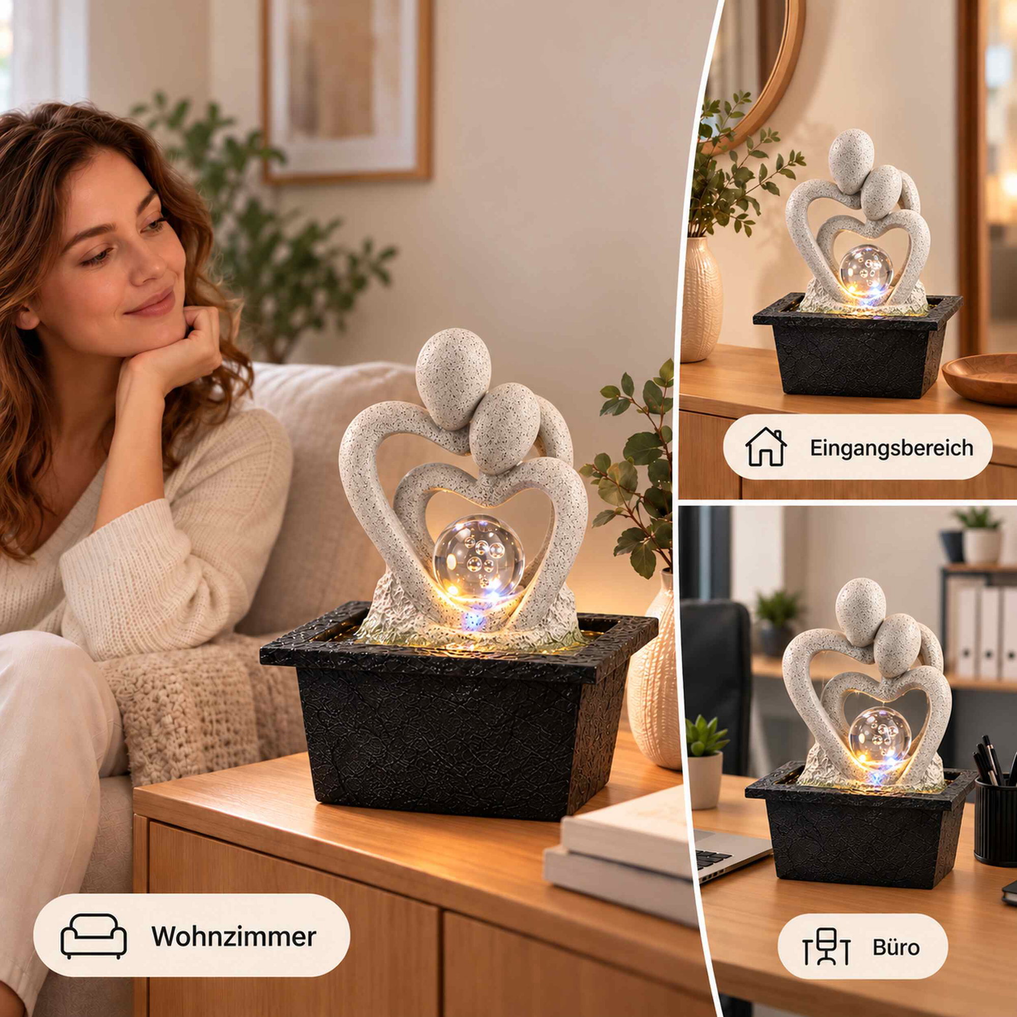 Zimmerbrunnen mit Paar-Skulptur in Granitoptik, beleuchteter Glaskugel und schwarzem Sockel, platziert im Wohnzimmer, Eingangsbereich und Büro.