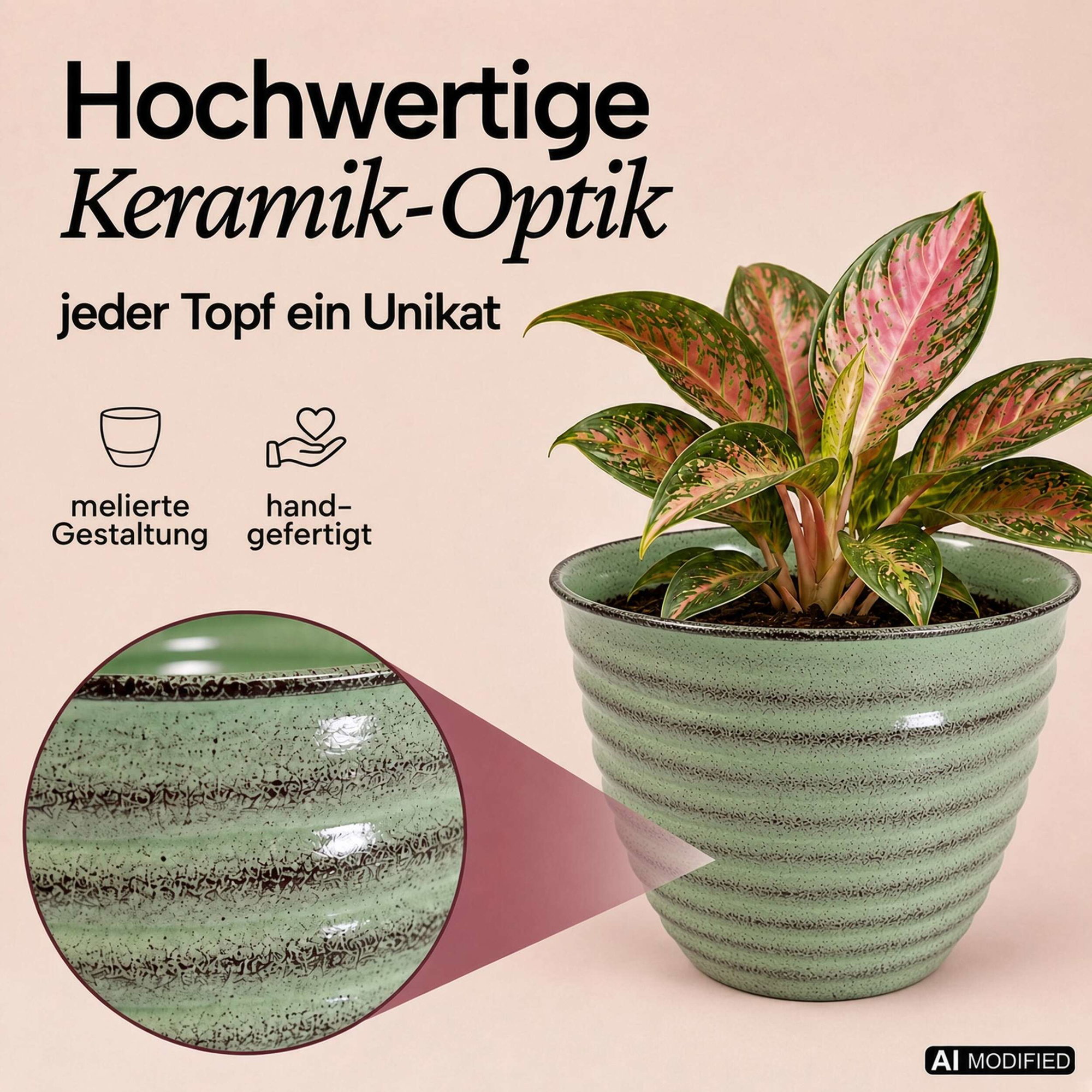 Grüner gerippter Pflanztopf in Keramik-Optik Grüner gerippter Pflanztopf in Keramik-Optik mit melierter Oberfläche und Detailansicht