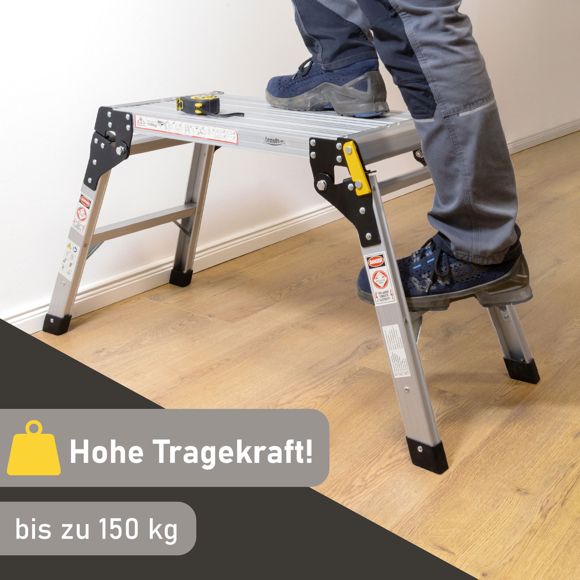 Kompakte Arbeitsplattform bis 150 kg belastbar, Arbeitsbühne 50 cm hoch, Aluleiter mit 2 Stufen NA205