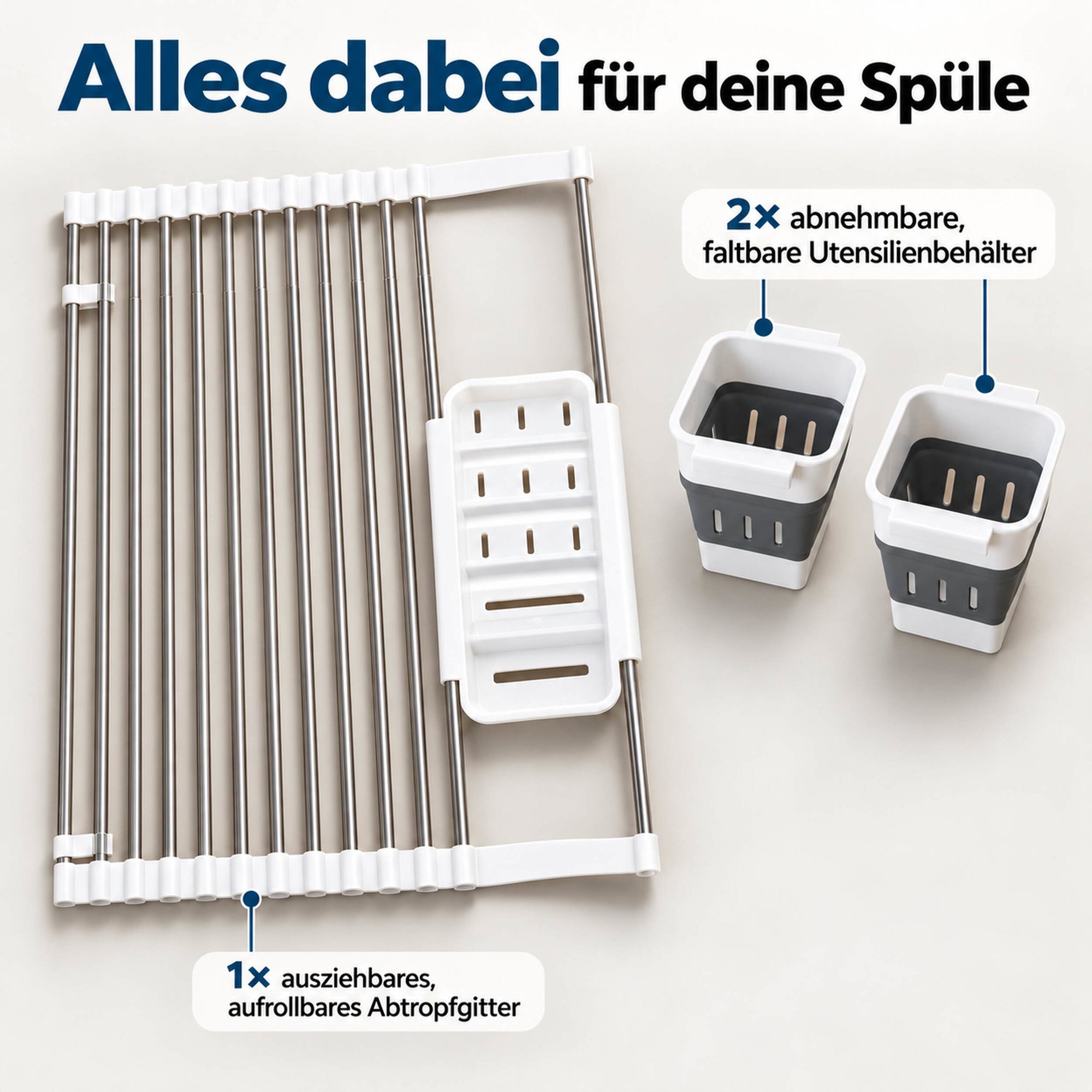 Ausziehbares Abtropfgestell mit Utensilienhaltern Ausziehbares Abtropfgestell mit Edelstahlstäben, Utensilienhalter und zwei faltbaren Behältern