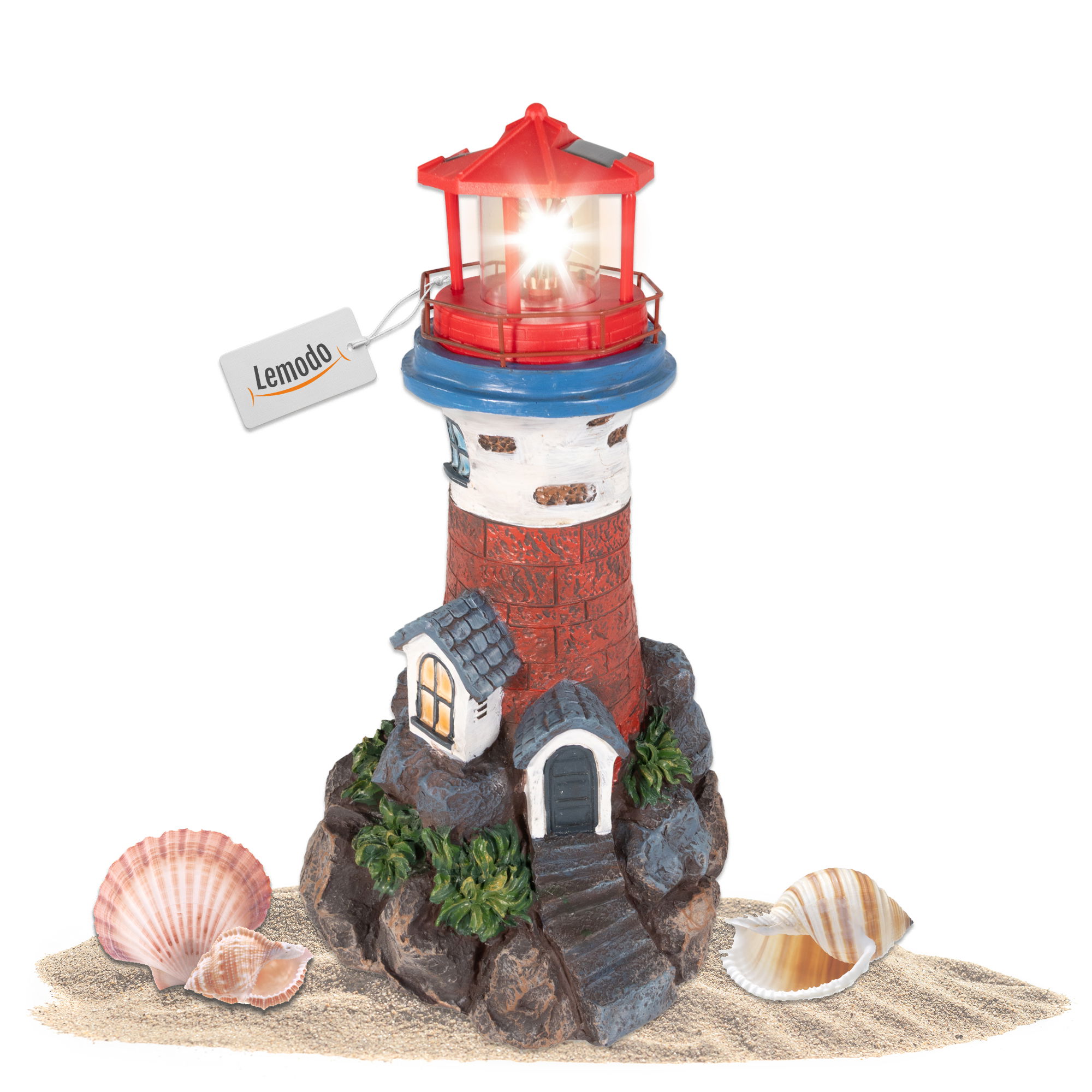 Leuchtturm mit Solarlicht und rotierendem LED-Leuchtfeuer, Gartendeko 43 cm hoch