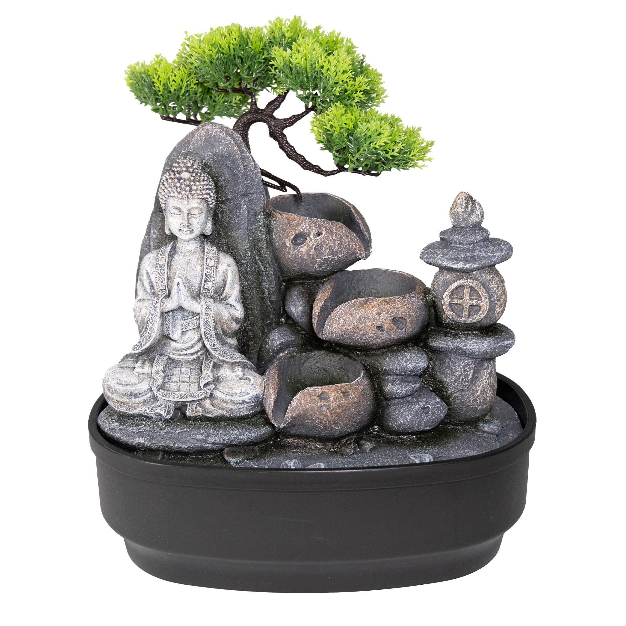 Zimmerbrunnen 3-stufig, Tischbrunnen mit Beleuchtung und Buddha-Figur