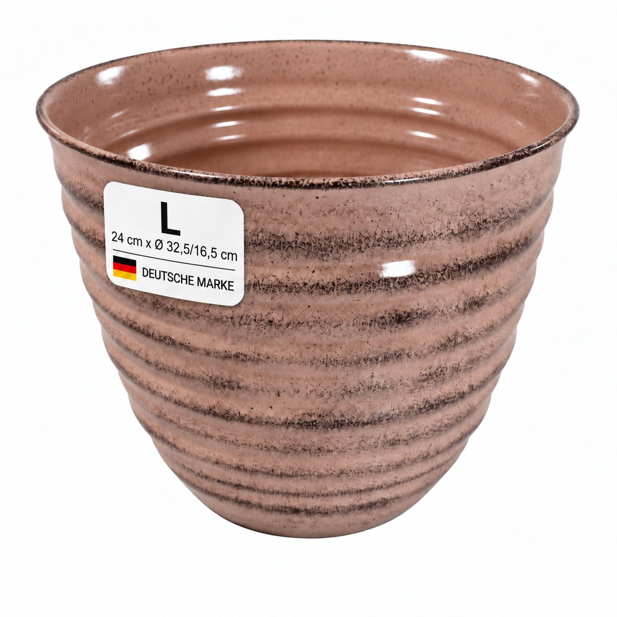 Gerippter Pflanztopf in Rosa, Keramik-Optik, Größe L Rosafarbener gerippter Pflanztopf in Keramik-Optik, Größe L, mit Etikett auf weißem Hintergrund