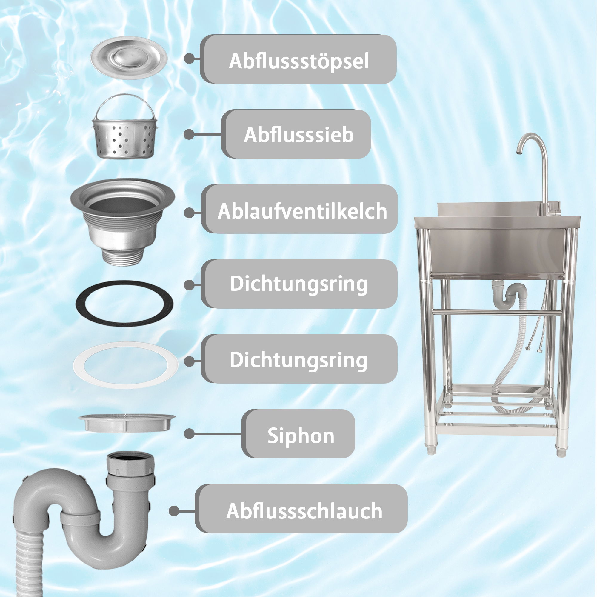 Spültisch freistehend, Wasserhahn mit Kalt Warm Anschluss, Spülbecken Größe M NA223