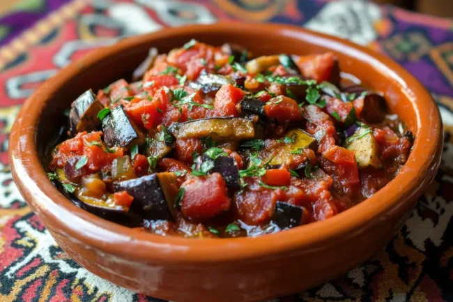veganesgulasch veganes gulasch in tonschüssel