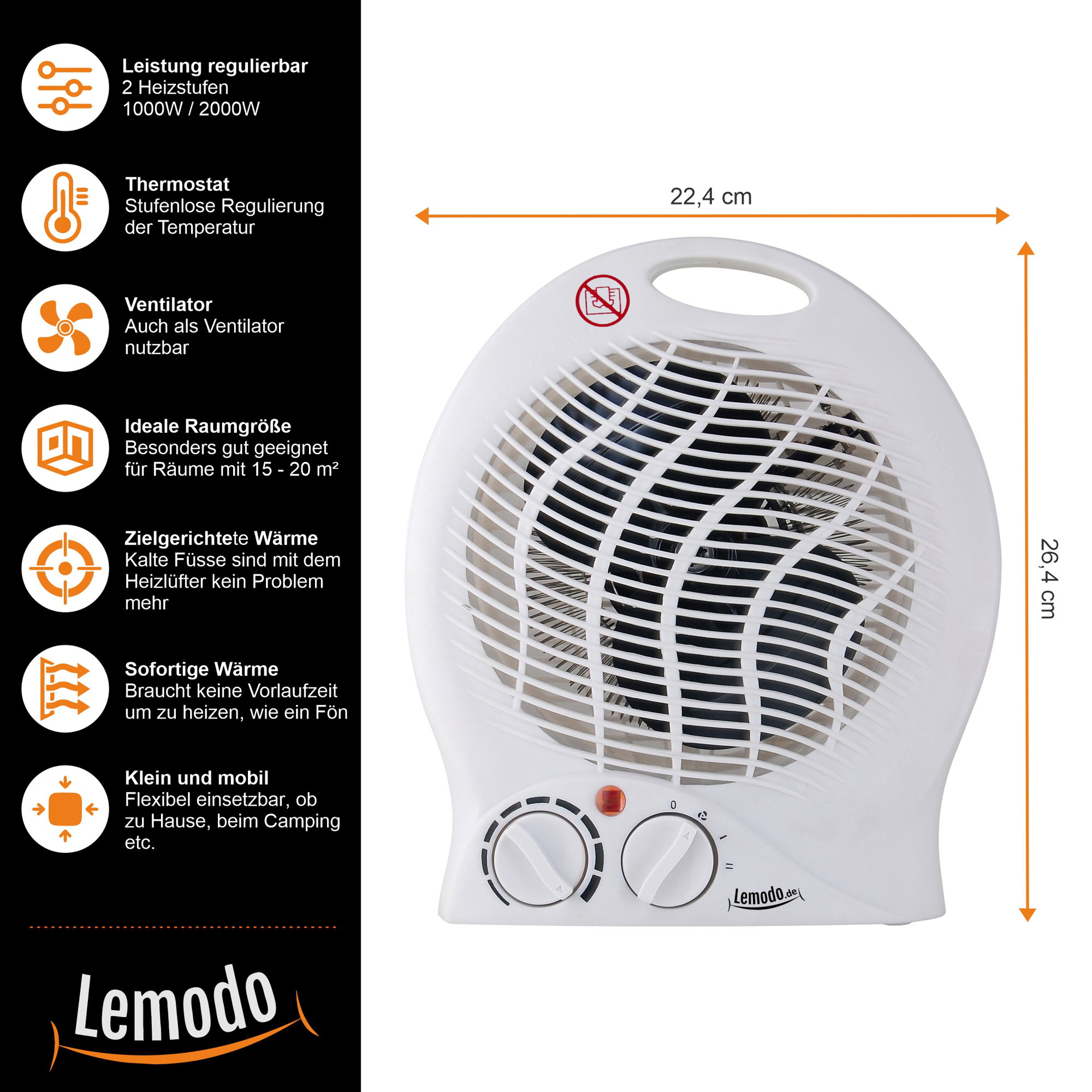 Heizlüfter mit 2.000 Watt, Elektroheizung für Räume bis 20 qm NA135