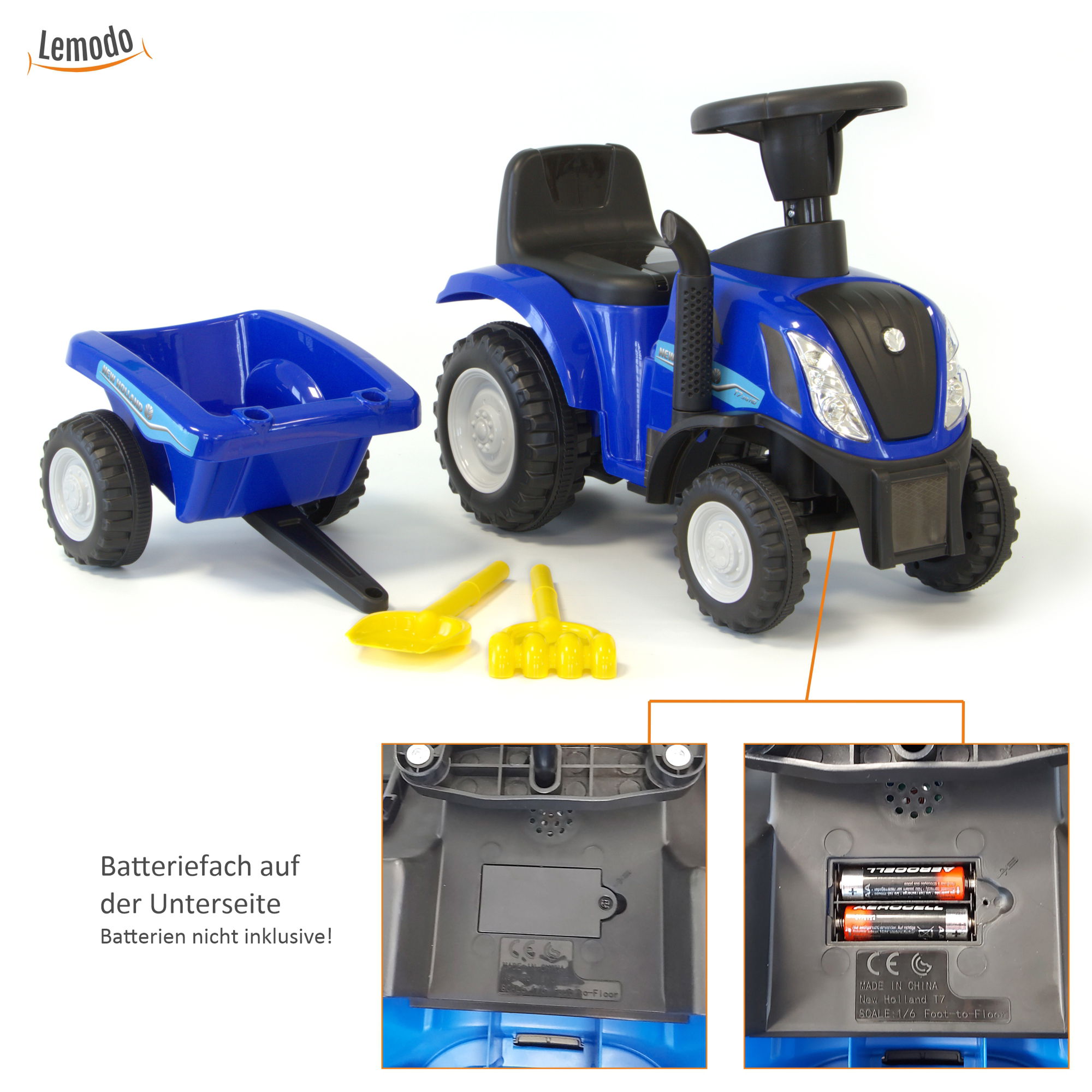 Rutschauto Traktor New Holland mit Anhänger in blau, Kinderauto ab 1 Jahr PT009_B