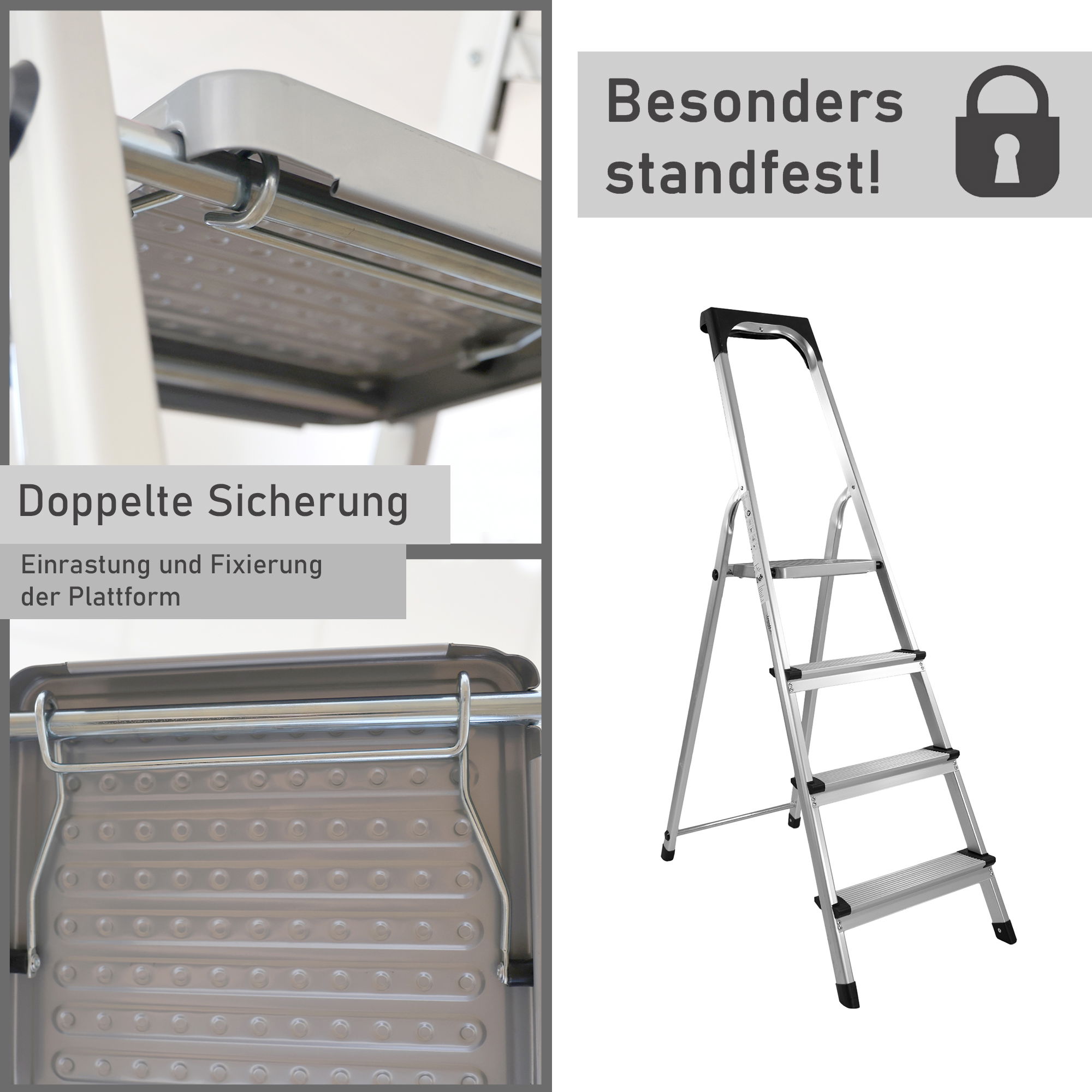 Trittleiter mit 4 Stufen, Treppenleiter aus Aluminium, Stehleiter bis 150kg belastbar NA182 Trittleiter mit 4 Stufen, Treppenleiter aus Aluminium, Stehleiter bis 150kg belastbar NA182