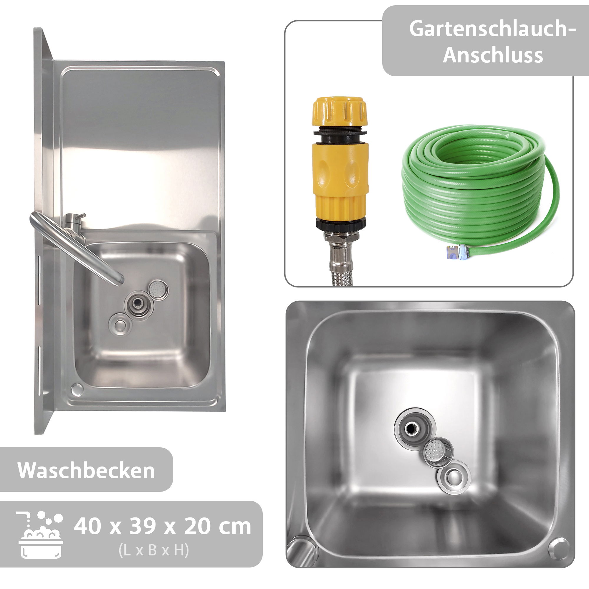 Spültisch freistehend, Wasserhahn mit Gartenschlauch-Anschluss, Spülbecken Größe L NA222