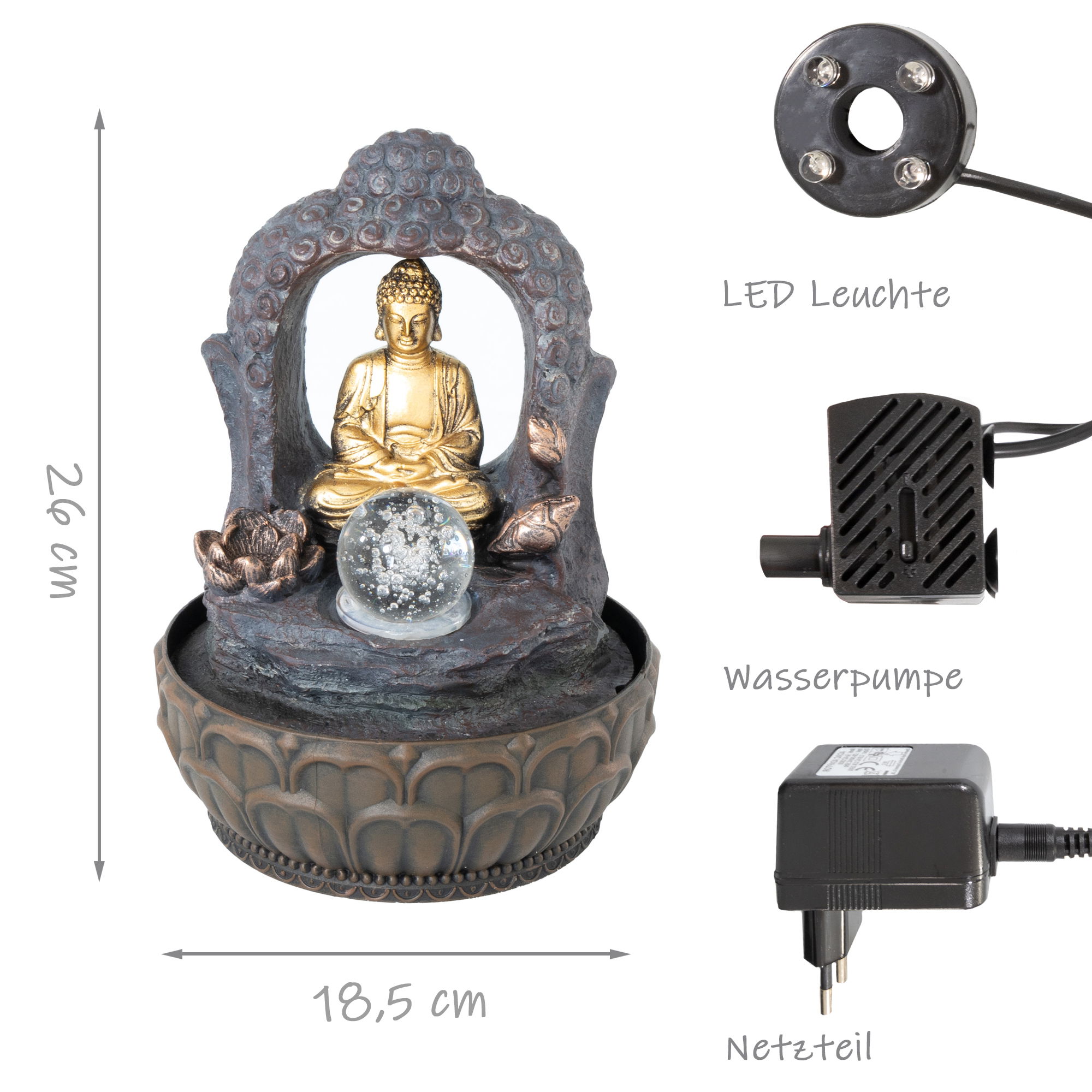 Zimmerbrunnen mit LED-Beleuchtung, Dekobrunnen “Buddha mit Lotusblüte” für die Wohnung NA090