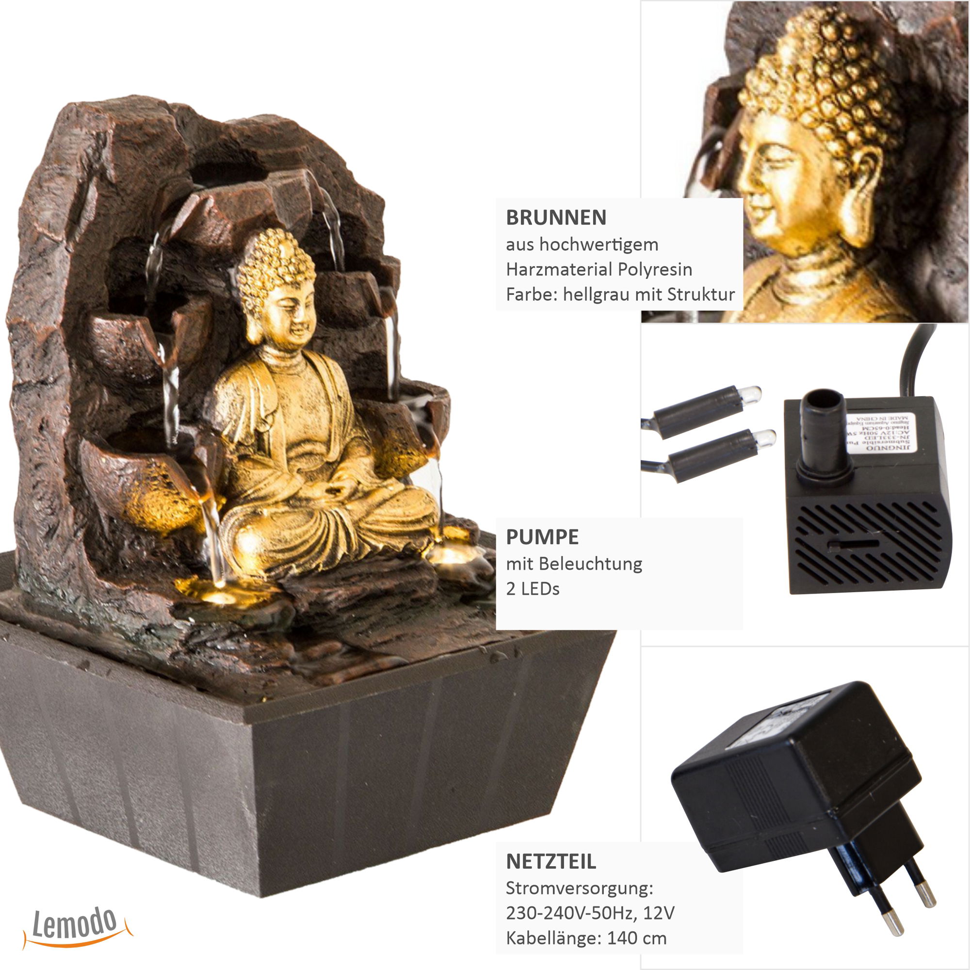 Zimmerbrunnen Buddha mit LED-Beleuchtung, Dekobrunnen für die Wohnung, Motiv Dhyana NA008