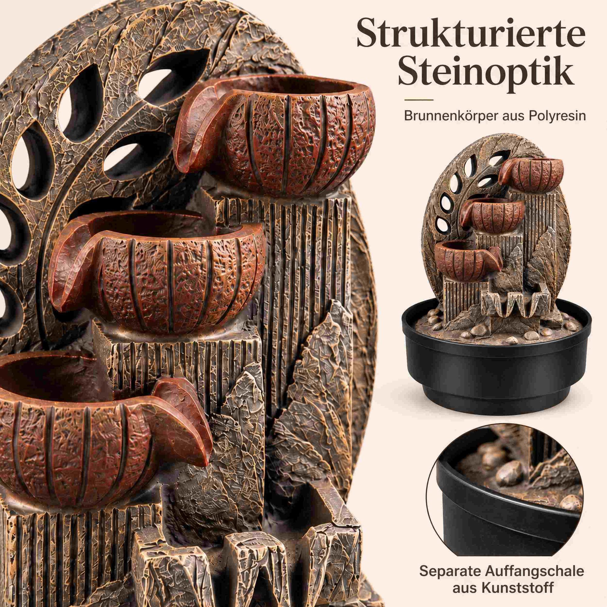 Zimmerbrunnen mit 3 Kaskaden, LED und Steinoptik in Grau-Braun Zimmerbrunnen aus Polyresin in strukturierter Steinoptik mit drei kaskadenförmigen Wasserschalen, LED-Beleuchtung und separater Auffangschale aus Kunststoff.