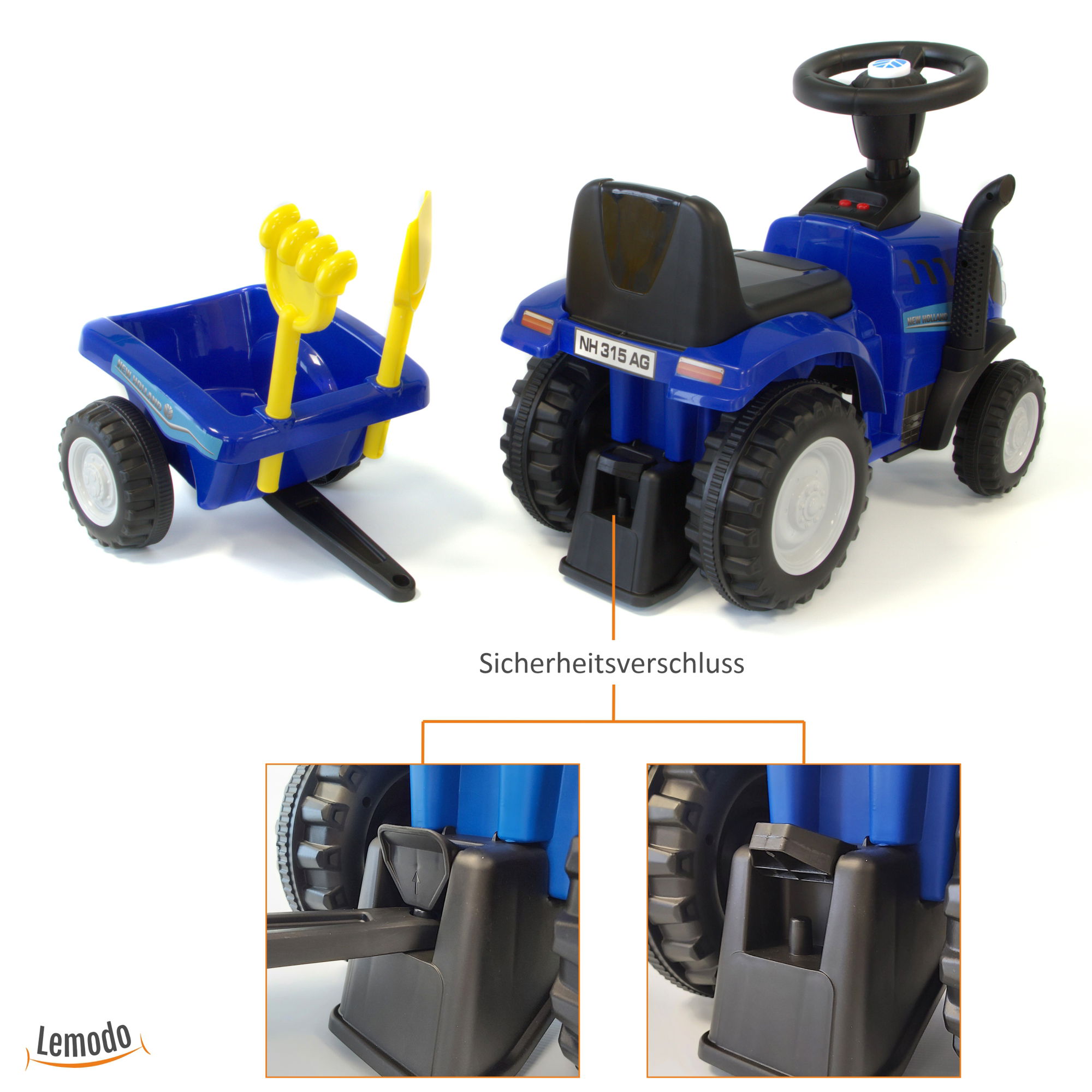 Rutschauto Traktor New Holland mit Anhänger in blau, Kinderauto ab 1 Jahr PT009_B