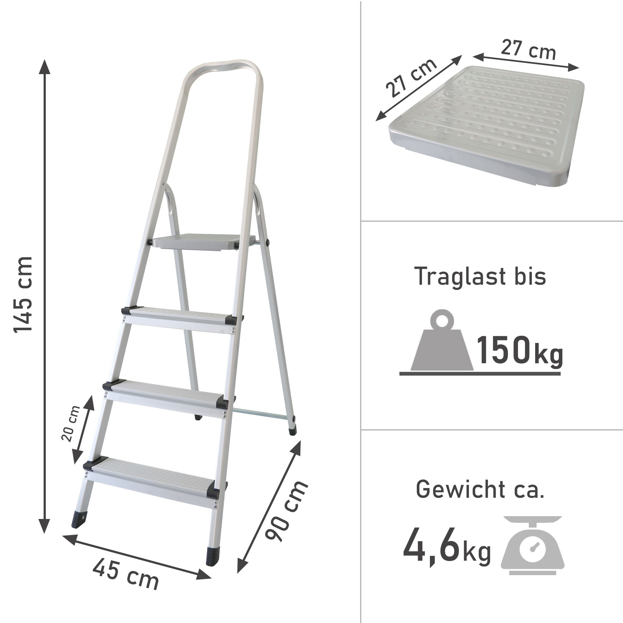 Trittleiter mit 4 Stufen, Treppenleiter aus Aluminium, Stehleiter bis 150kg belastbar NA182