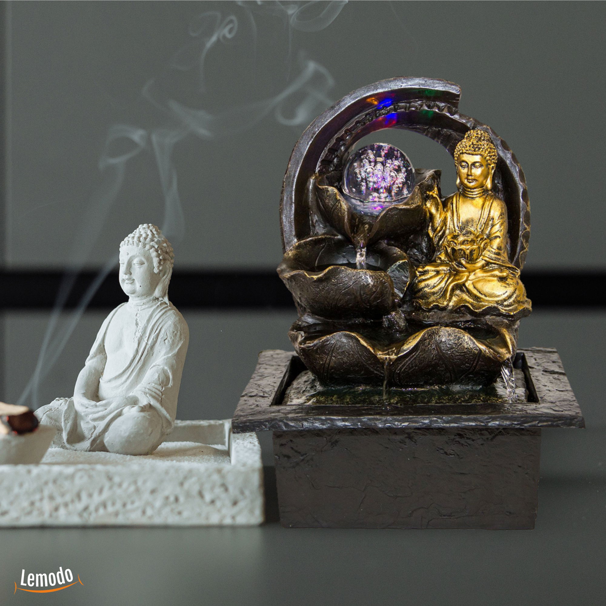 Zimmerbrunnen mit Buddha Gyan und LED Beleuchtung, Feng Shui Dekobrunnen für die Wohnung und Büro NA091