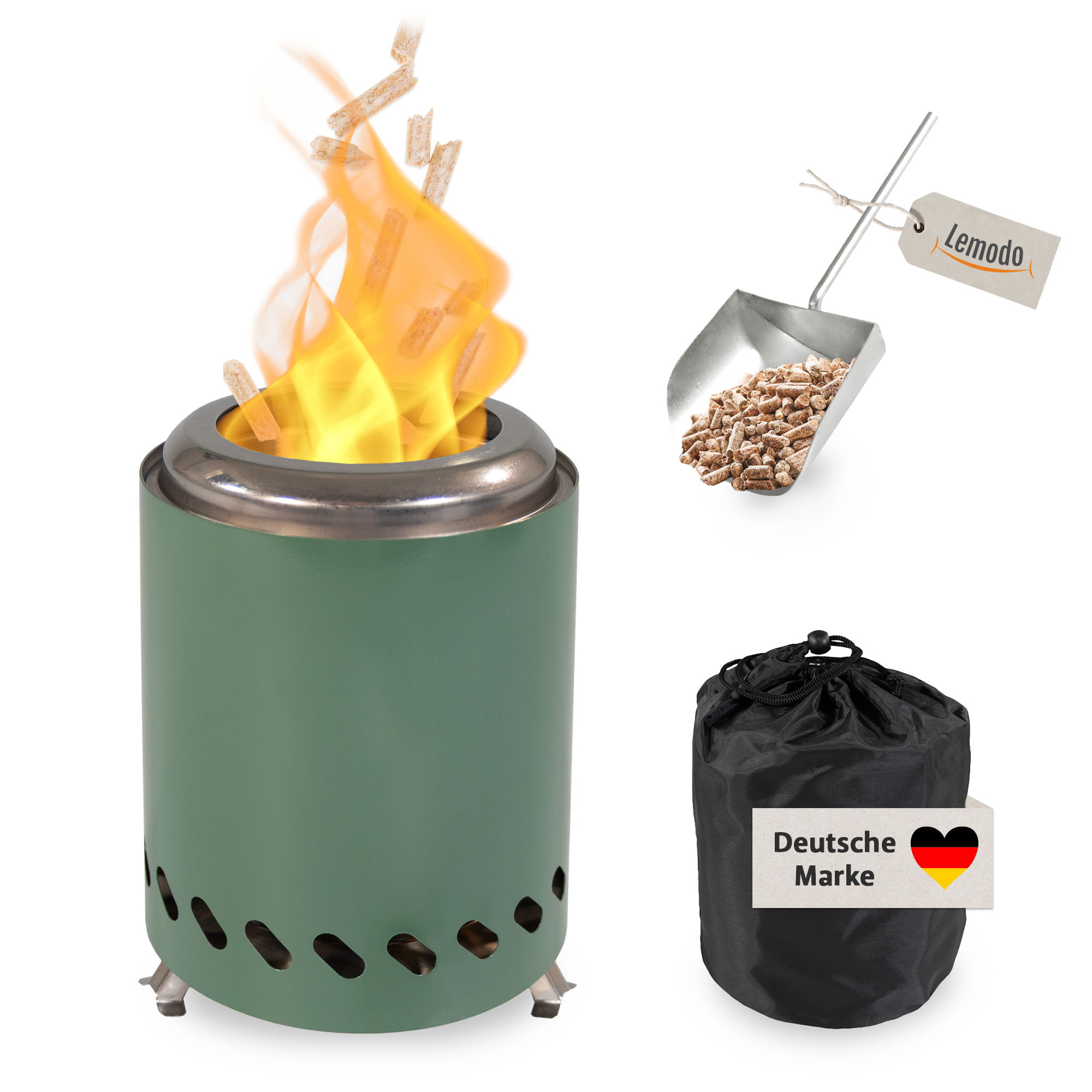 Tischkamin grün für Holzpellets, rauchfreies Tischfeuer, Feuerstelle