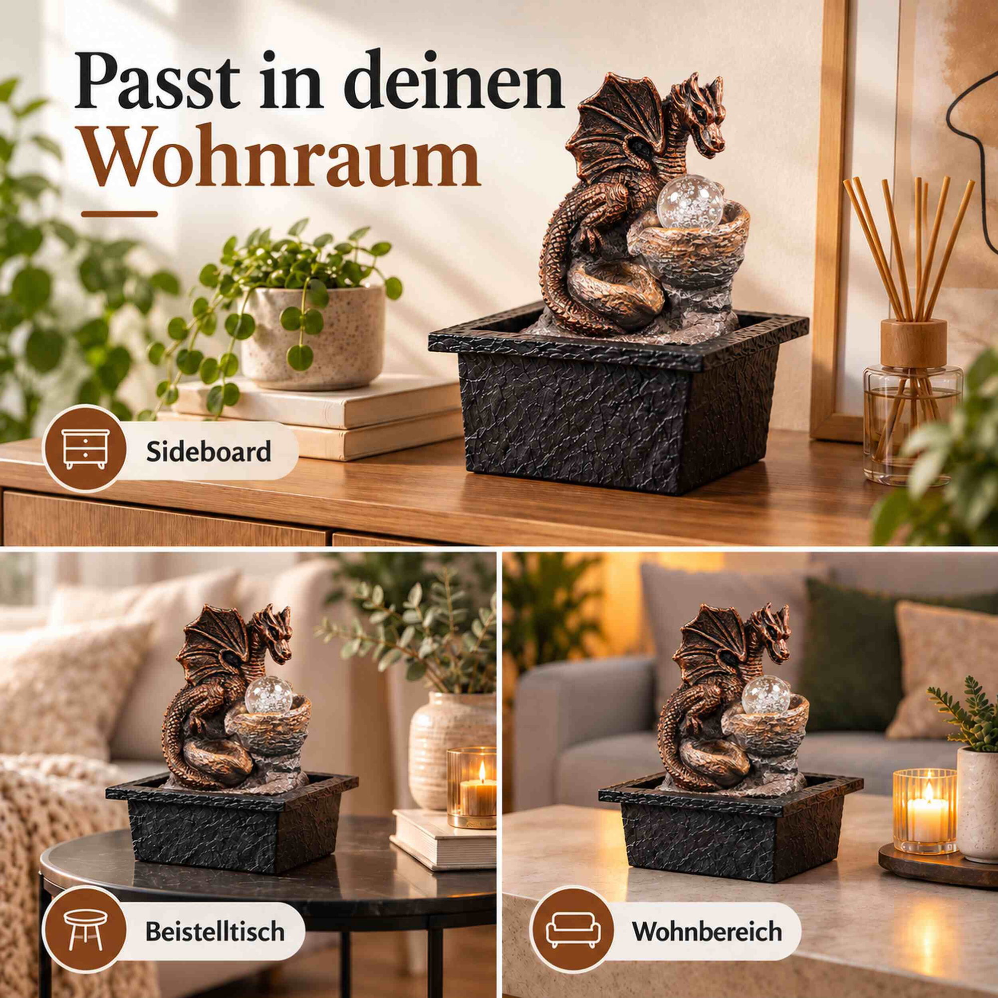Drachen-Zimmerbrunnen mit rotierender Glaskugel und LED-Lichtern Zimmerbrunnen mit bronzefarbenem Drachen, rotierender Glaskugel und LED-Beleuchtung auf Sideboard, Beistelltisch und im Wohnbereich.