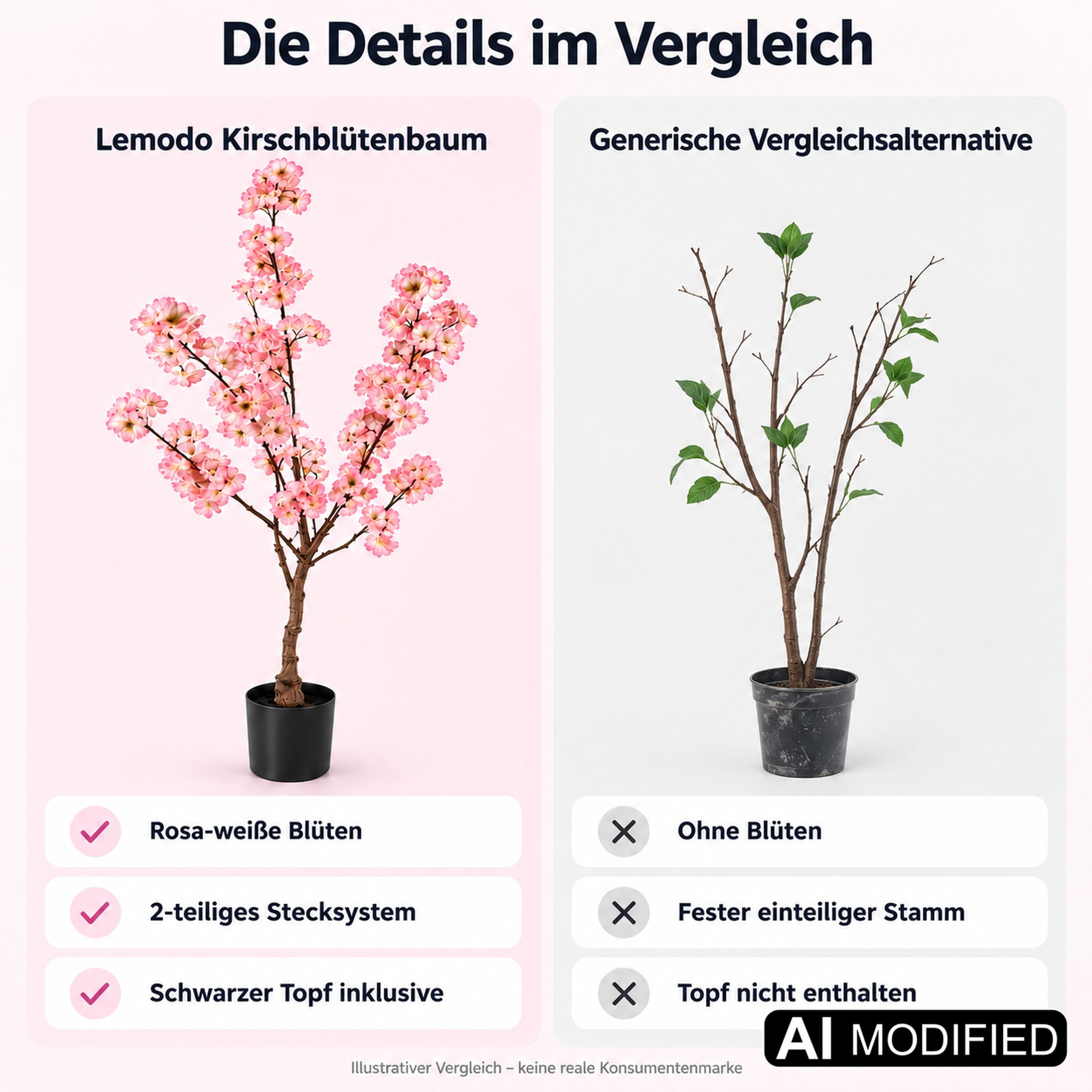 Künstlicher Kirschblütenbaum 120 cm im Vergleich Vergleichsgrafik: Lemodo Künstlicher Kirschblütenbaum mit rosa-weißen Blüten und schwarzem Topf neben einer generischen Vergleichsalternative ohne Blüten und Topf.