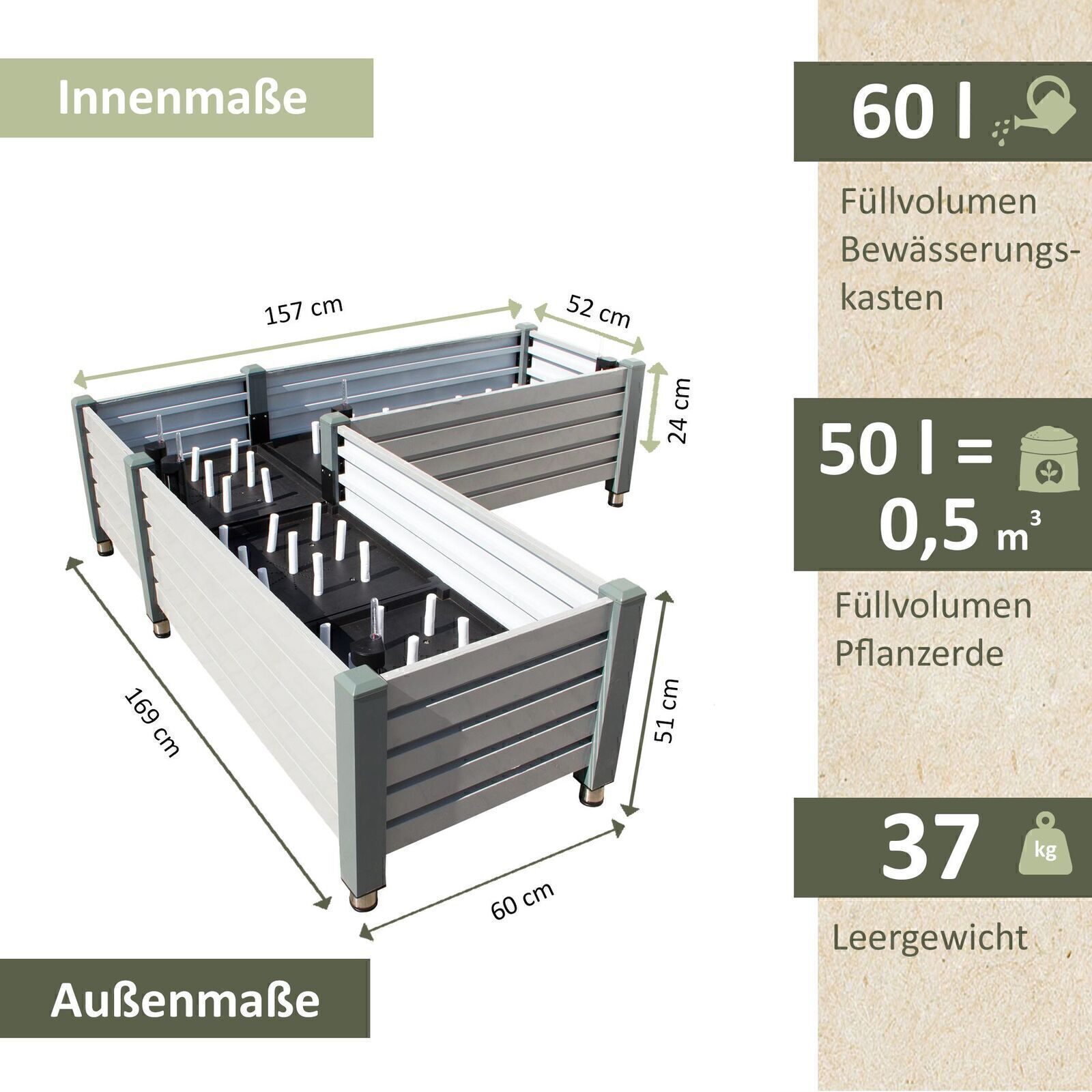 Hochbeet Milano mit integrierter Bewässerung, Kräuterbeet aus Aluminium und Stahl DH003