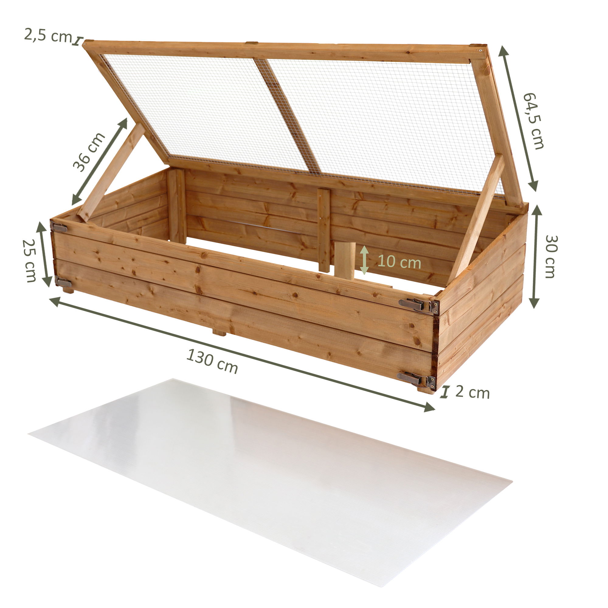 Frühbeet mit herausnehmbarer Plexiglasscheibe, Frühbeetaufsatz für Hochbeete, Frühbeetkasten 65x130 NA166_B
