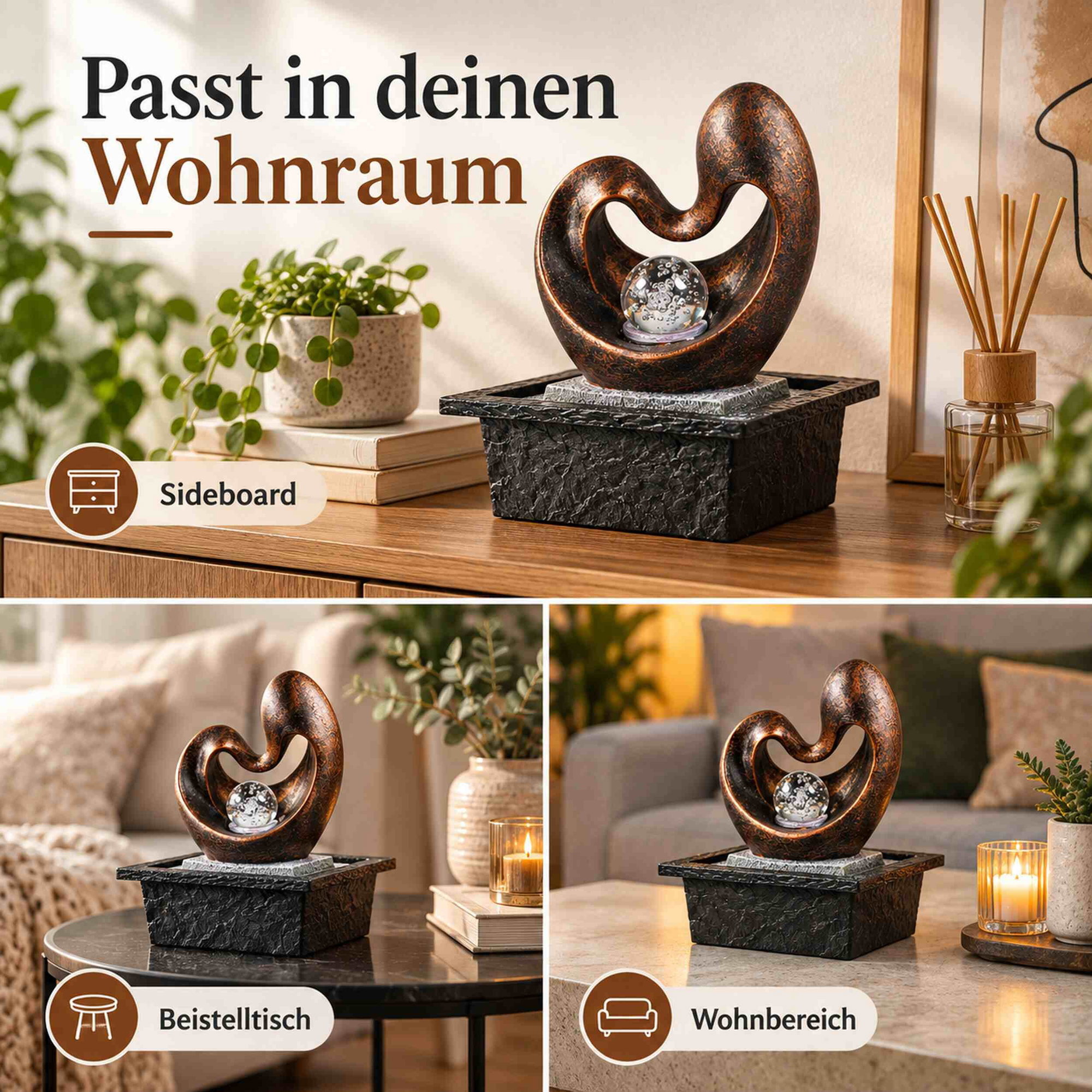 Zimmerbrunnen Herzform mit rotierender Glaskugel und LED-Licht Zimmerbrunnen in Herzform mit rotierender Glaskugel und LED-Beleuchtung, platziert auf Sideboard, Beistelltisch und im Wohnbereich