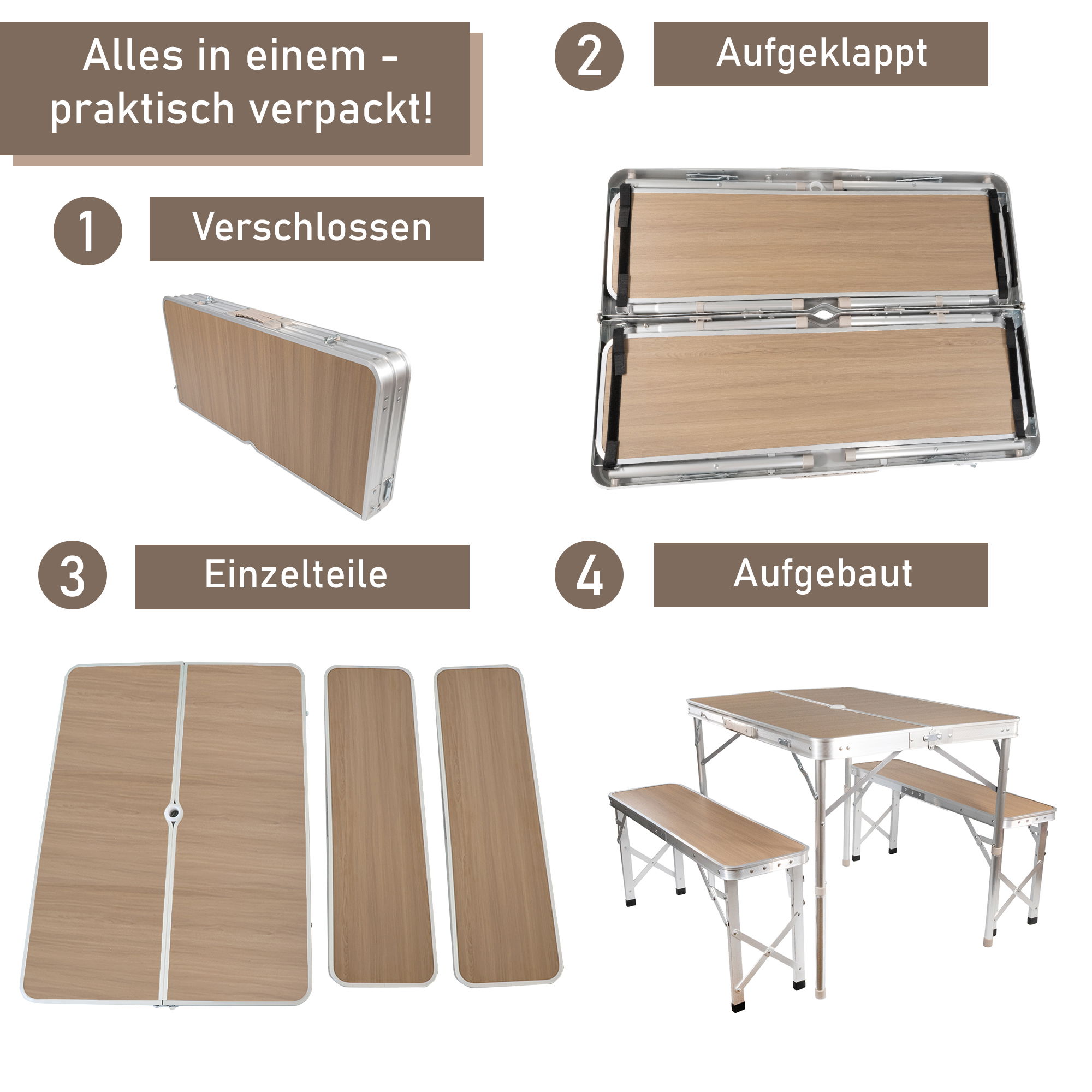 Klapptisch mit 2 Bänken, Campingtisch klappbar aus Aluminium mit Sonnenschirmhalter WT003