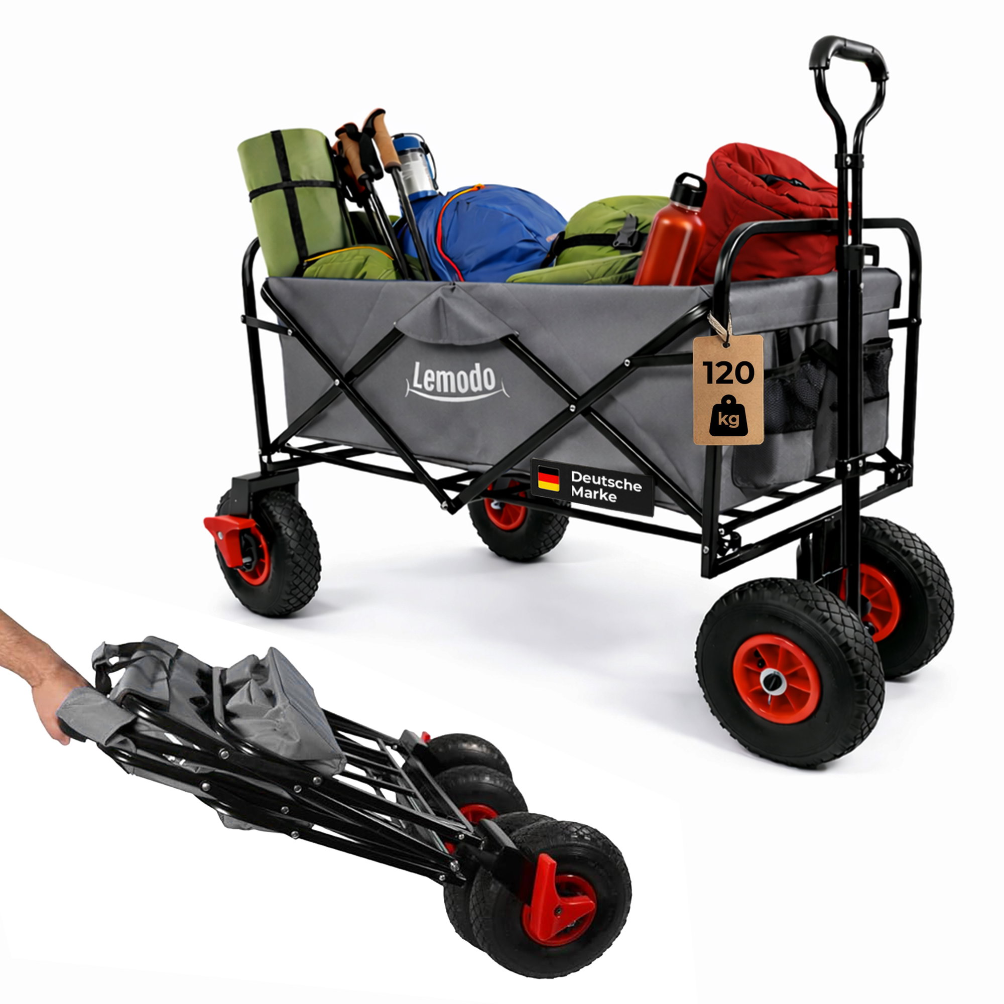 Bollerwagen faltbar, Handwagen mit 120 kg Zuladung, Leiterwagen mit Luftreifen