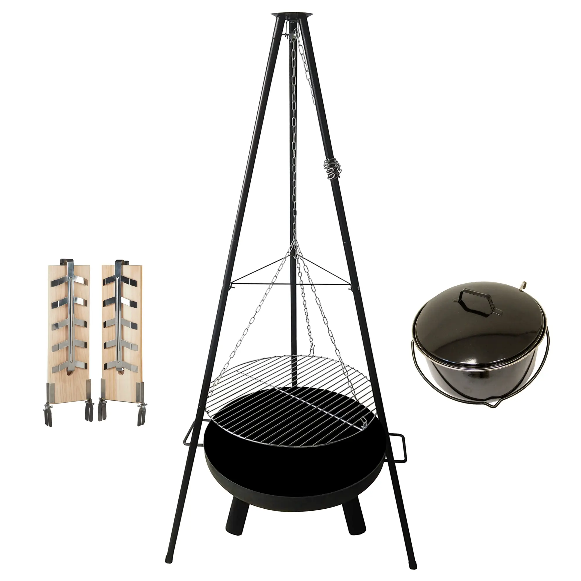 Schwenkgrill mit Feuerschale, Dreibein Holzkohlegrill mit höhenverstellbarem 52 cm Grillrost WE-2341