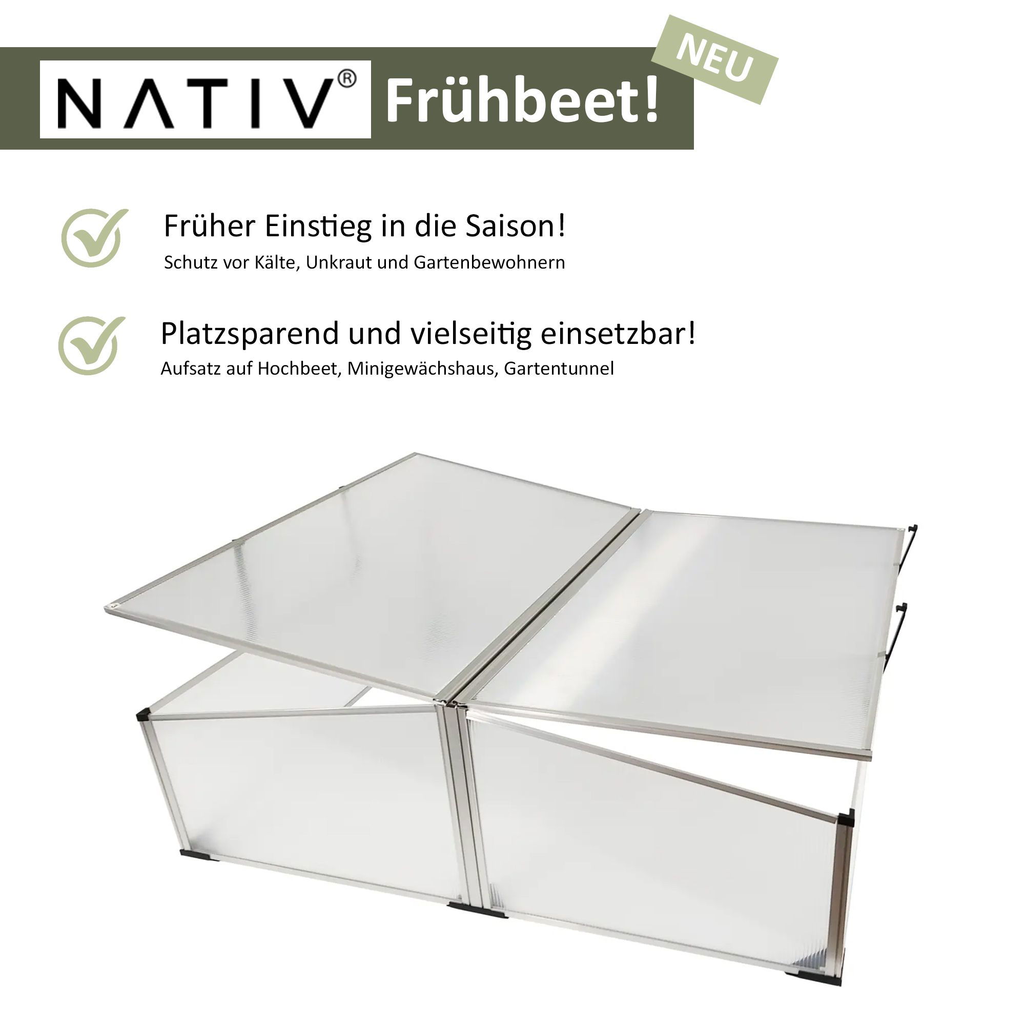 Doppel Frühbeet aus Aluminium, Treibhaus mit Aufstelldach, Frühbeetaufsatz als Stecksystem NA210