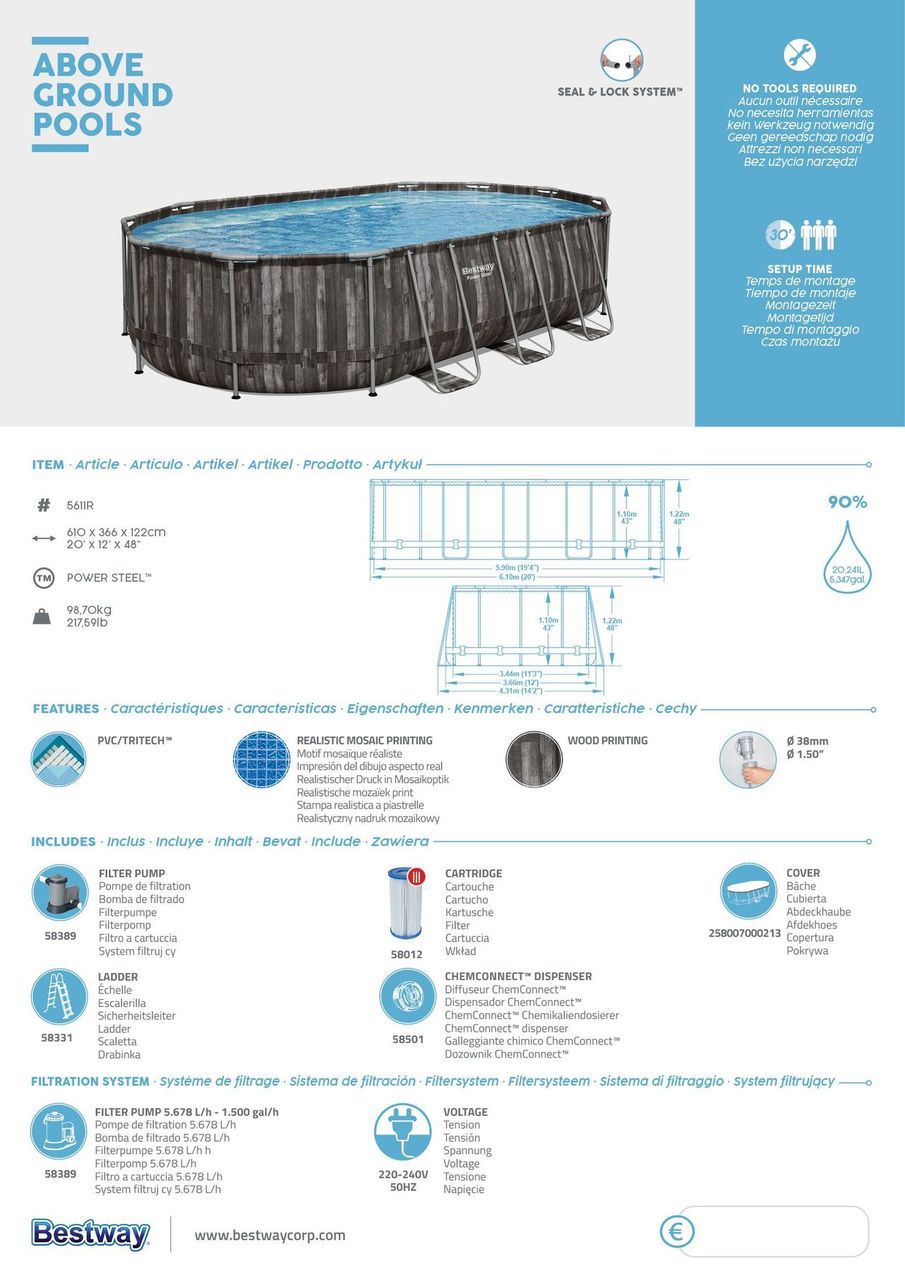 Power Steel Holz-Optik 6,10m x 3,66m x 1,22 m Oval Pool Set, dunkelgrau 5611R_22