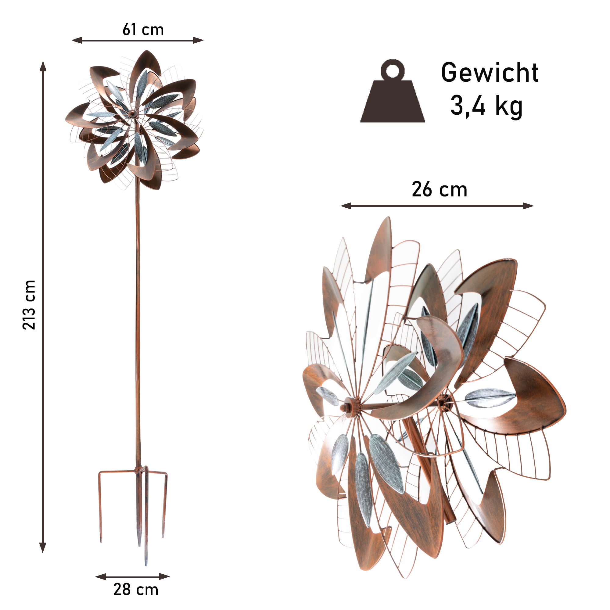 Windrad “Dandelion” mit 2 gegenläufigen Propellern, Gartendeko, 213 cm hoch NA185