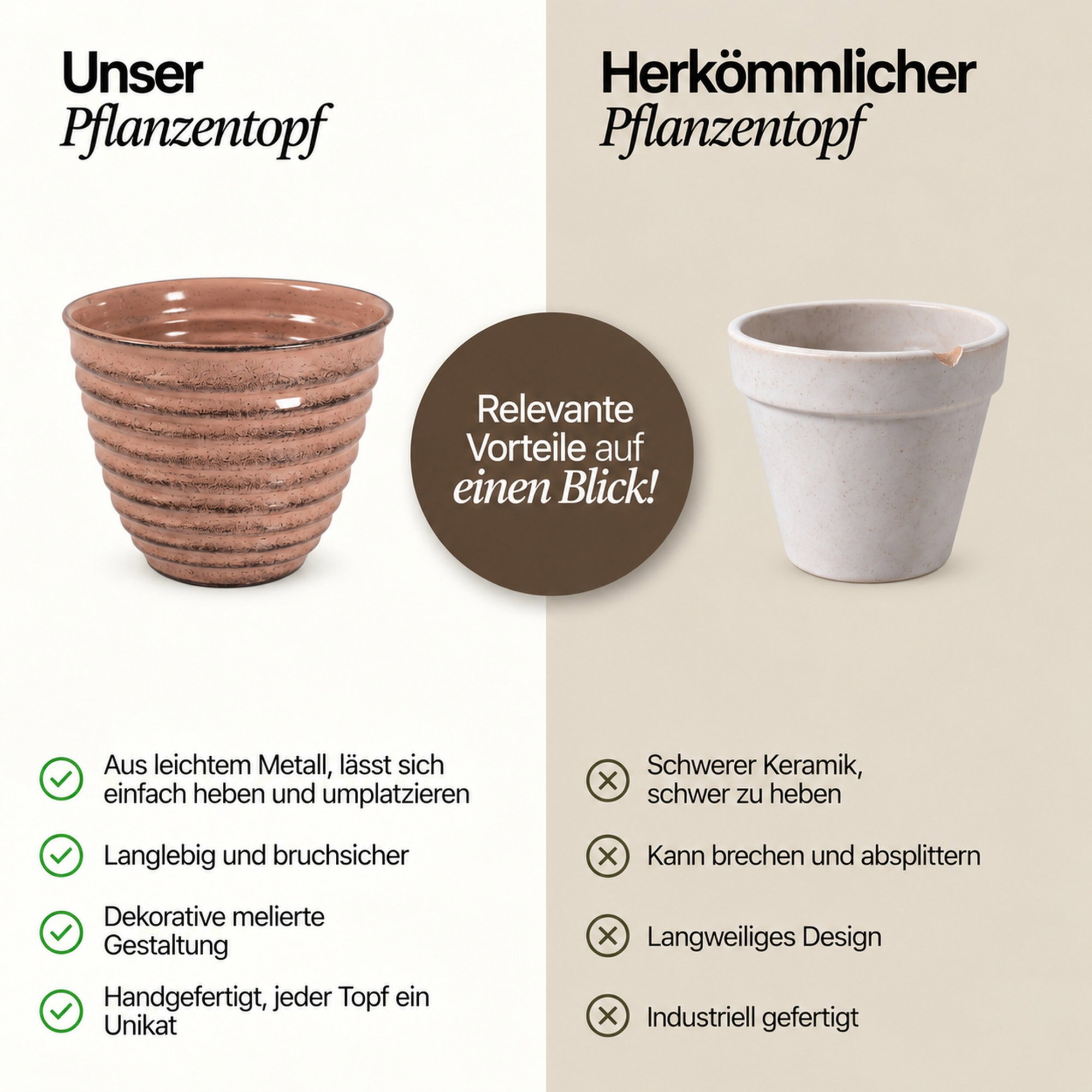 Rosa gerippter Pflanztopf aus Metall in Keramik-Optik Vergleichsgrafik mit rosa geripptem Pflanztopf aus Metall in Keramik-Optik und herkömmlichem hellem Pflanztopf