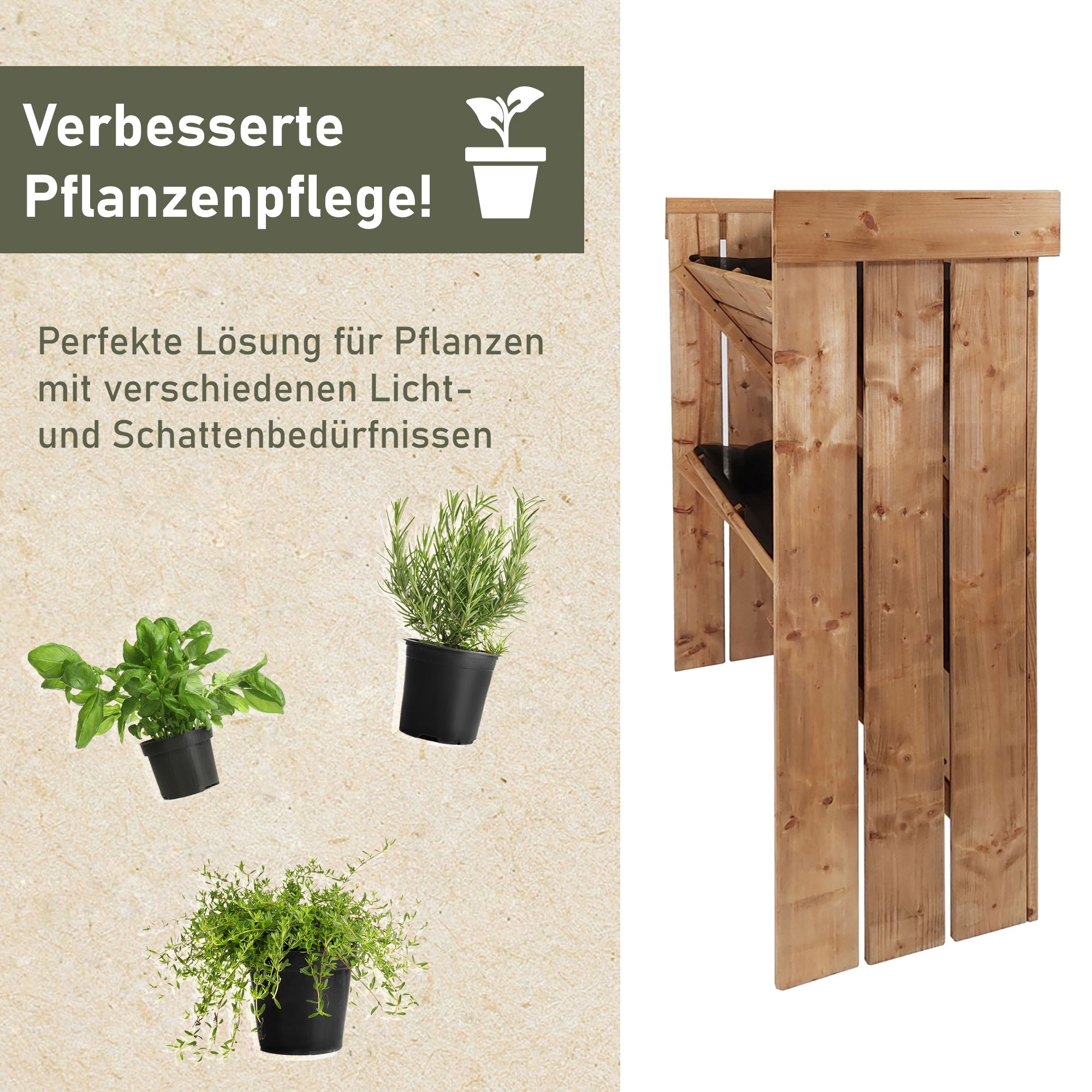 Blumentreppe aus Holz, Pflanzregal mit Gartenvlies, Blumenkasten als Sichtschutz Blumentreppe aus Holz_M