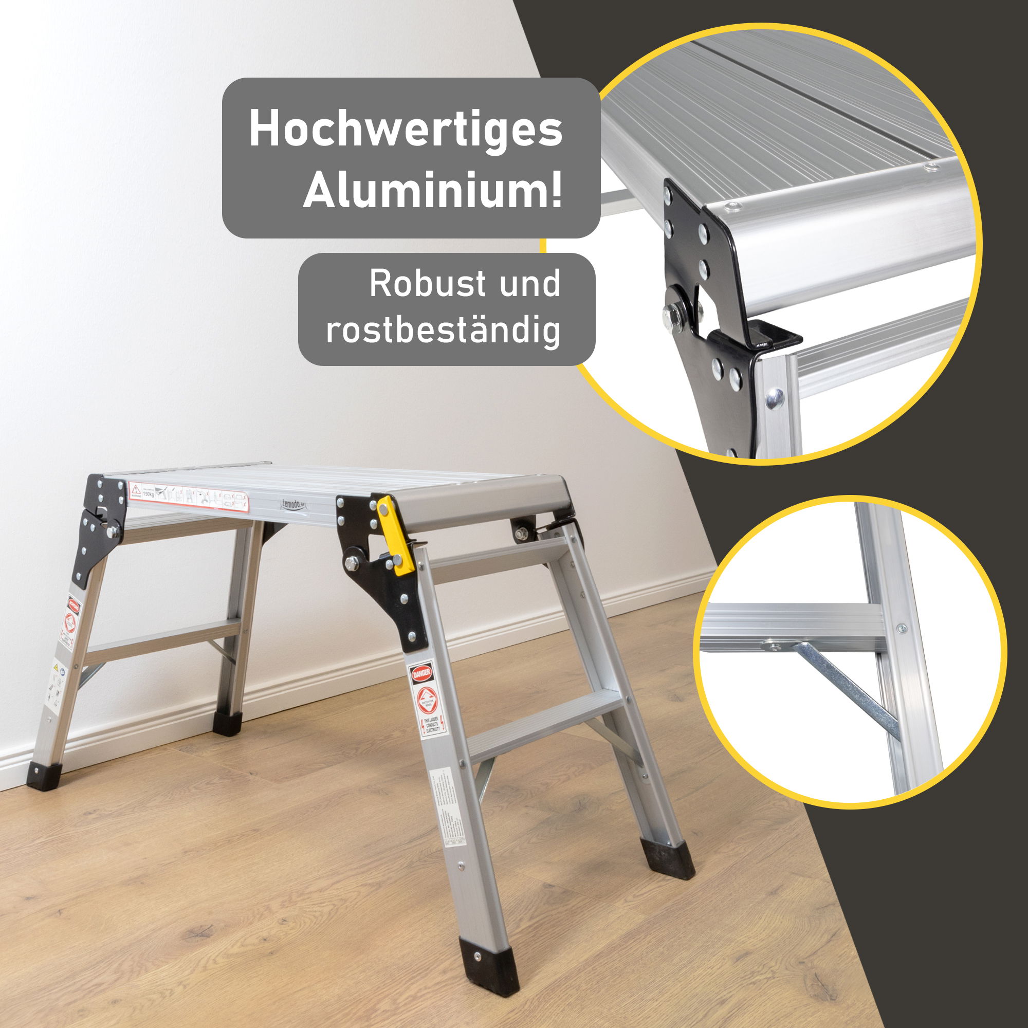 Kompakte Arbeitsplattform bis 150 kg belastbar, Arbeitsbühne 50 cm hoch, Aluleiter mit 2 Stufen NA205 Kompakte Arbeitsplattform bis 150 kg belastbar, Arbeitsbühne 50 cm hoch, Aluleiter mit 2 Stufen NA205