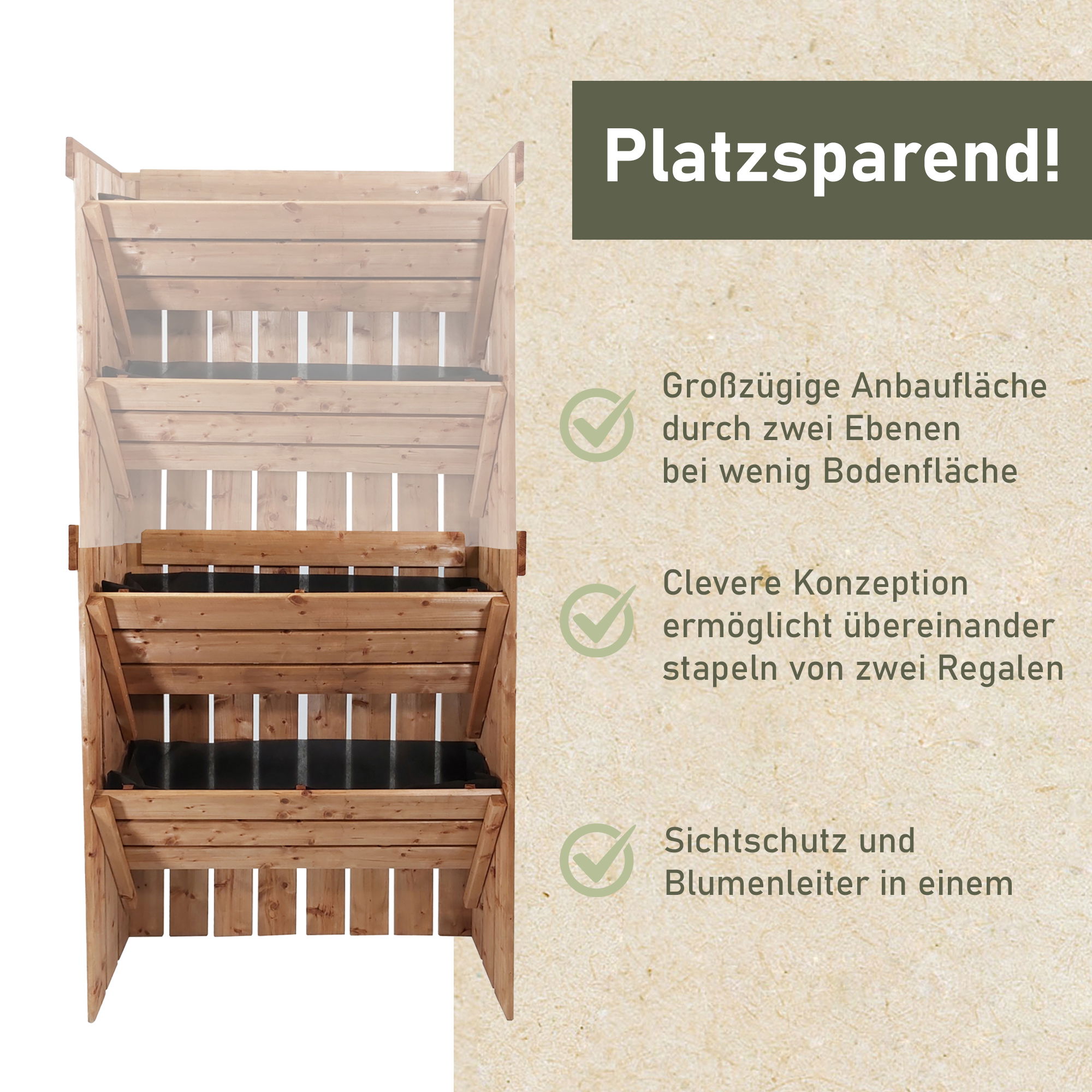 Blumentreppe aus Holz, Pflanzregal mit Gartenvlies, Blumenkasten als Sichtschutz Blumentreppe aus Holz_M