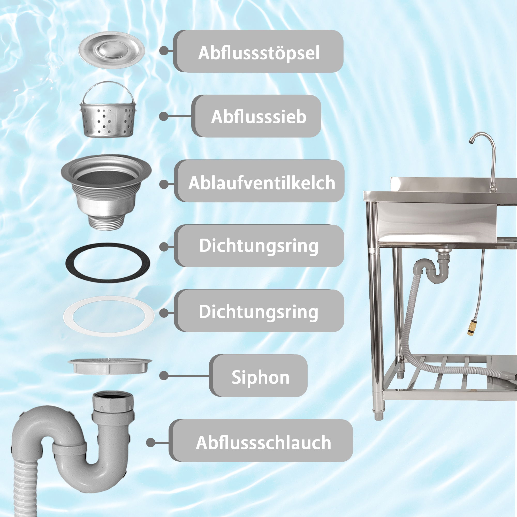 Spültisch freistehend, Wasserhahn mit Gartenschlauch-Anschluss, Spülbecken Größe L NA222