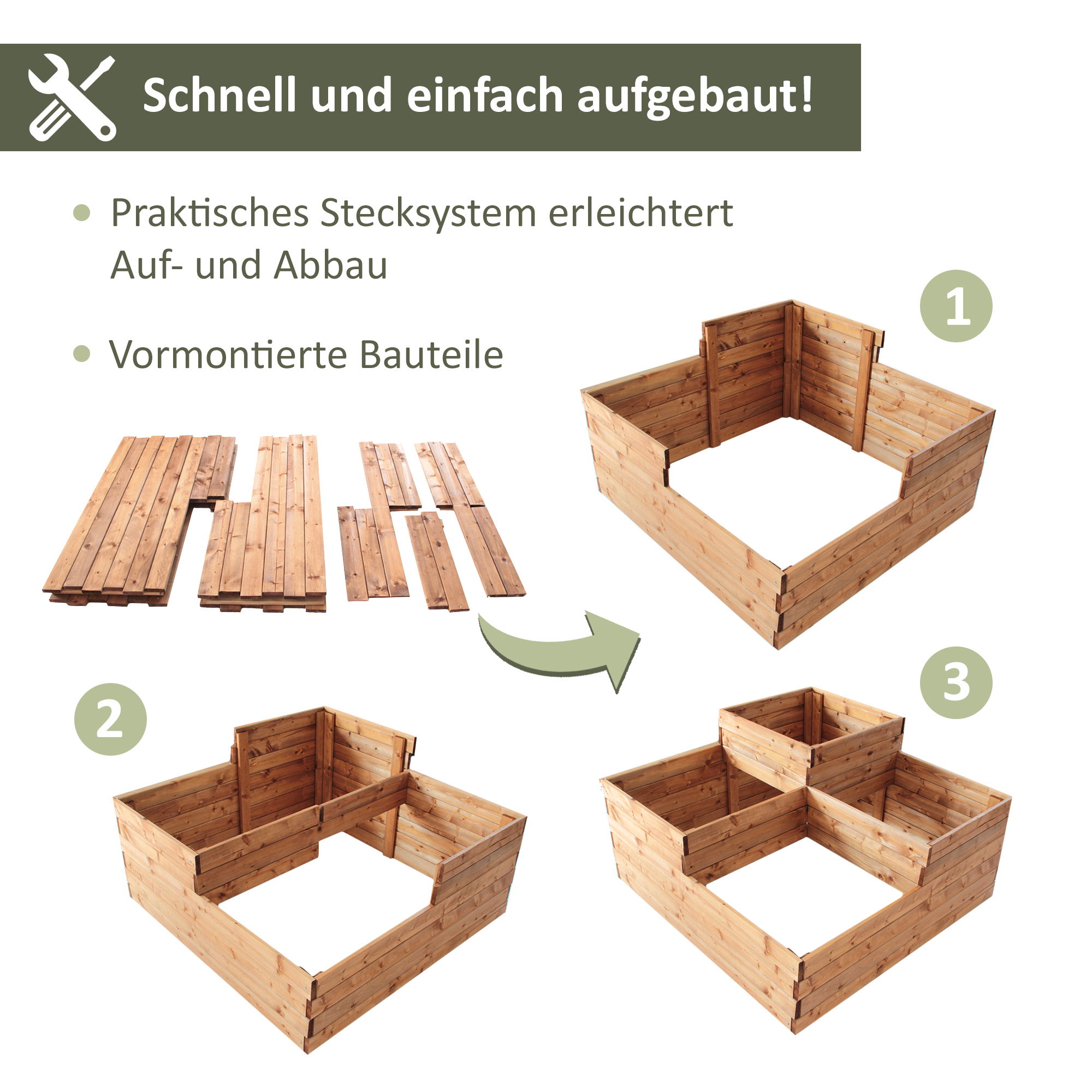 Pflanzkasten mit 4 Pflanzzonen, Blumentreppe mit 3 Stufen, Hochbeet 90 x 90 cm (L x B) NA043_B