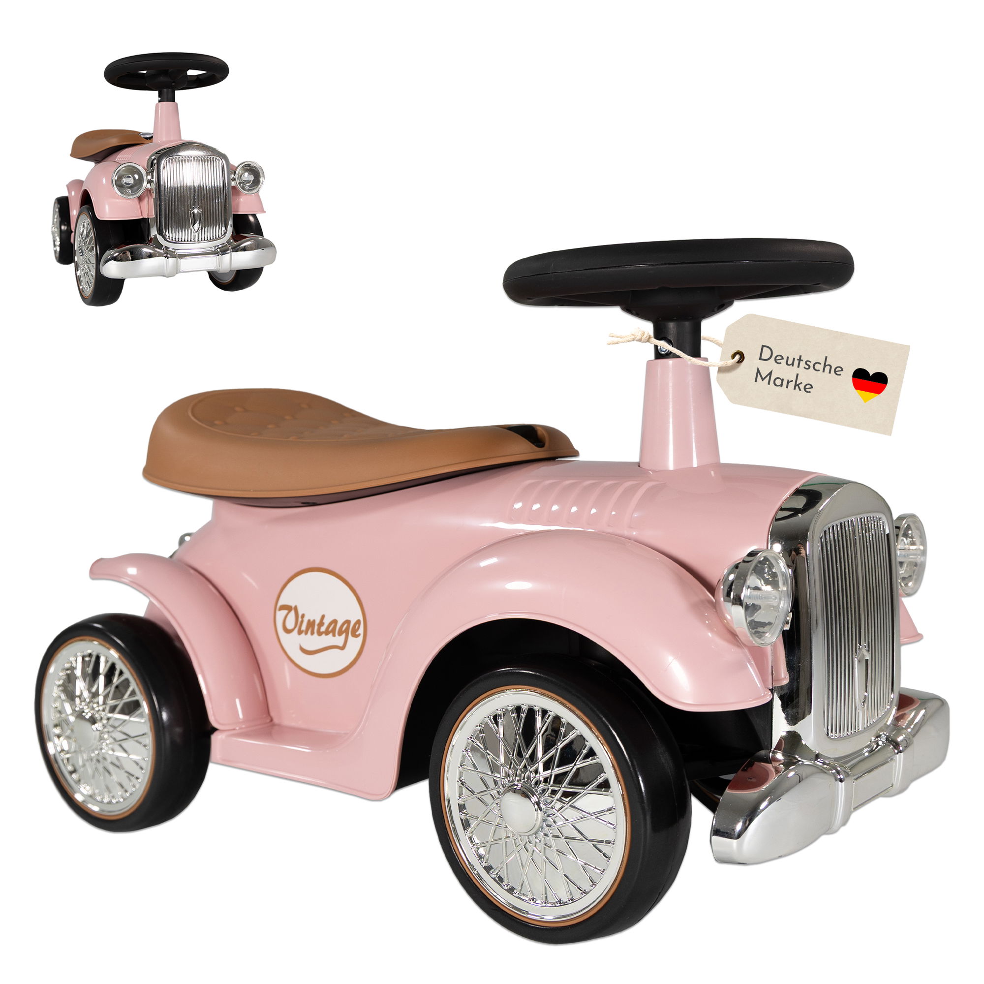Rutschauto ab 1 Jahr, Kinderauto im Retrodesign, Kinderfahrzeug mit Hupe, pink Rutschauto ab 1 Jahr, Kinderauto im Retrodesign, Kinderfahrzeug mit Hupe, pink