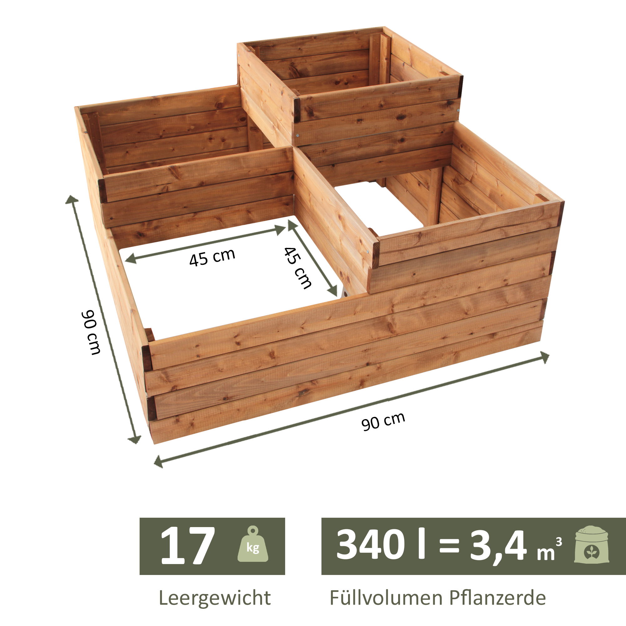 Pflanzkasten mit 4 Pflanzzonen, Blumentreppe mit 3 Stufen, Hochbeet 90 x 90 cm (L x B) NA043_B
