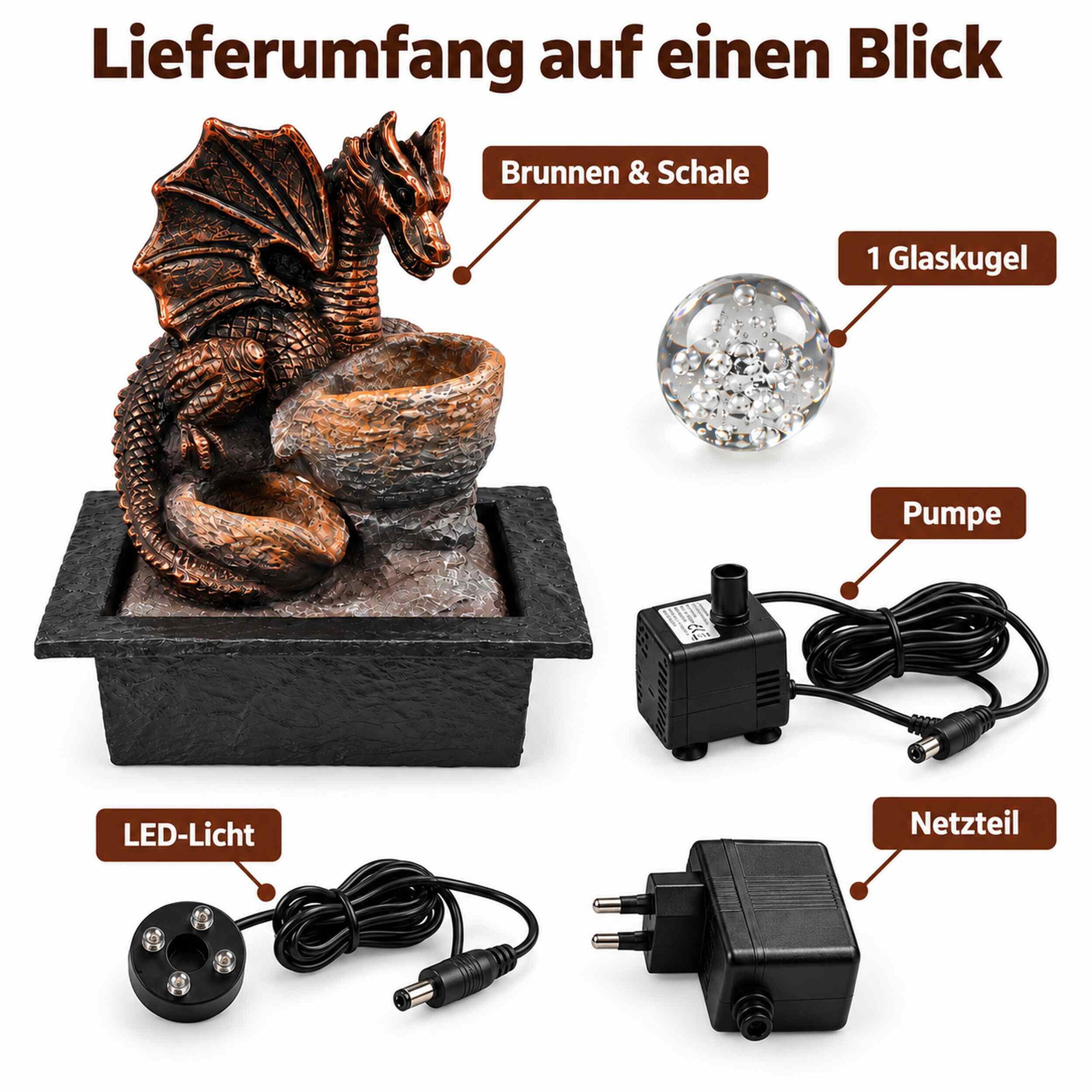 Zimmerbrunnen Drache – Lieferumfang mit Glaskugel, LED, Pumpe Zimmerbrunnen Drache aus Kunststein mit Schale, separater Glaskugel, LED-Licht, Pumpe und Netzteil im Lieferumfang