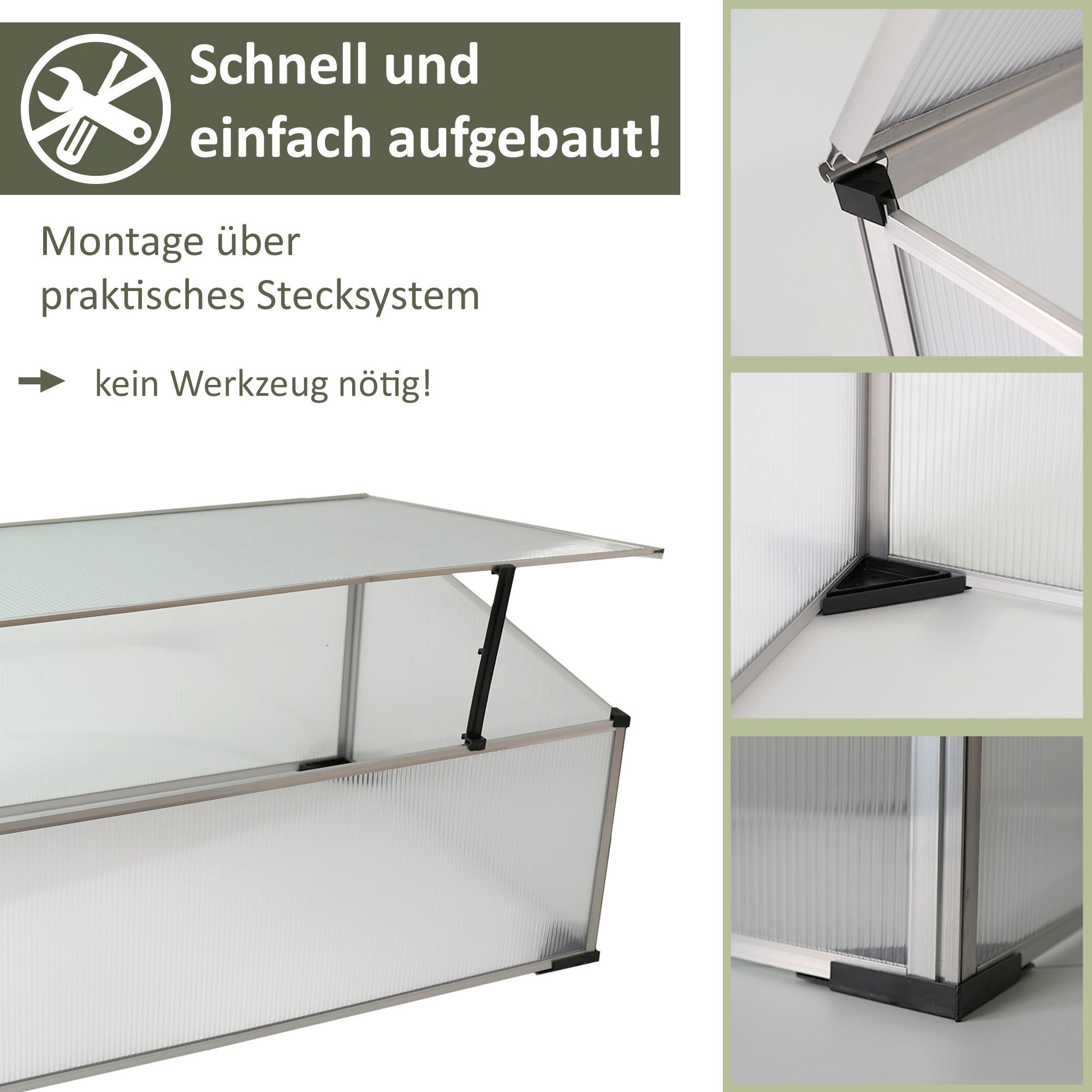 Frühbeet aus 1 mm starkem Aluminium, Treibhaus mit Aufstelldach, Frühbeetaufsatz NA209