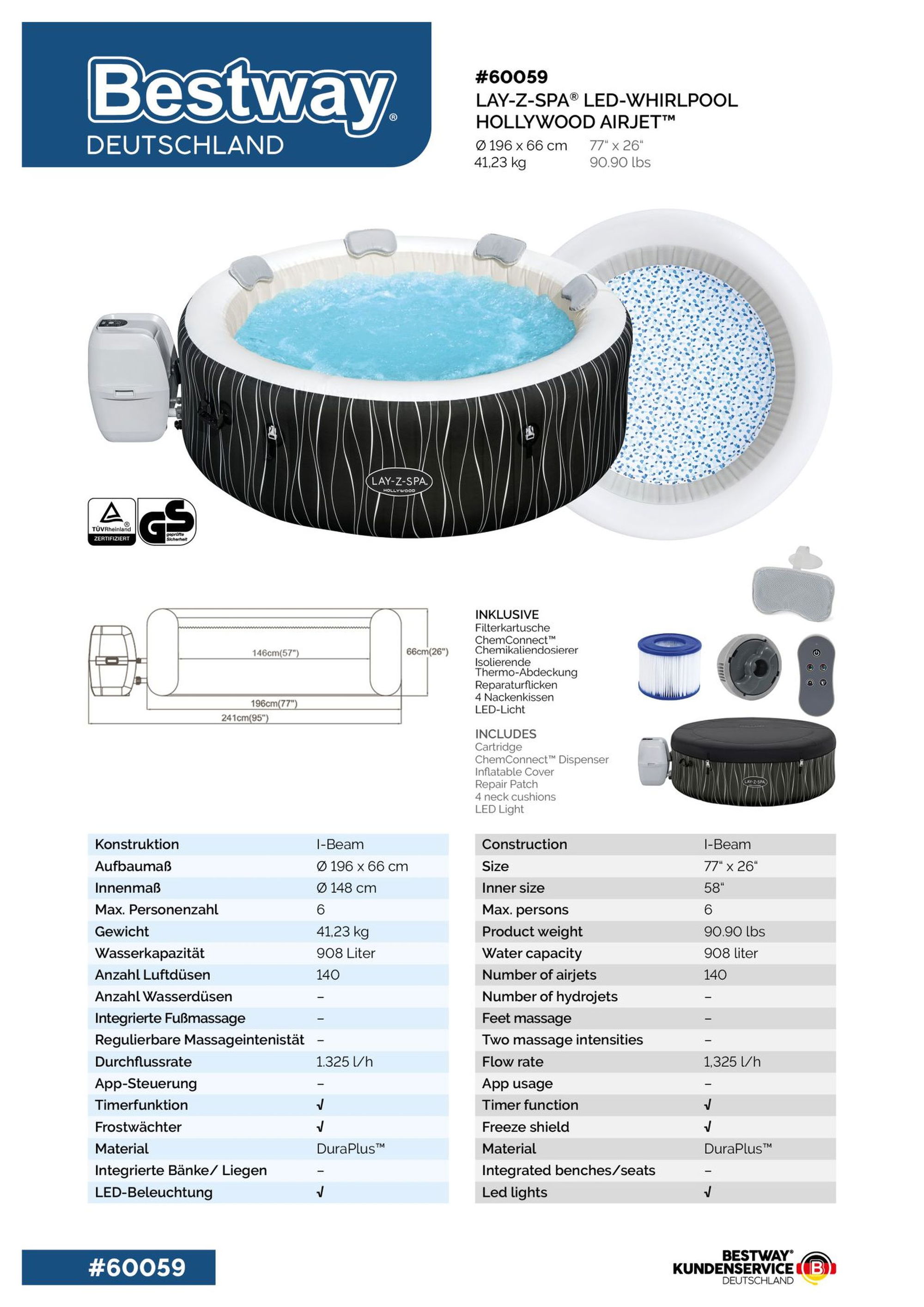 LAY-Z-SPA Hollywood AirJet LED-Whirlpool Ø 196 x 66 cm für 6 Personen