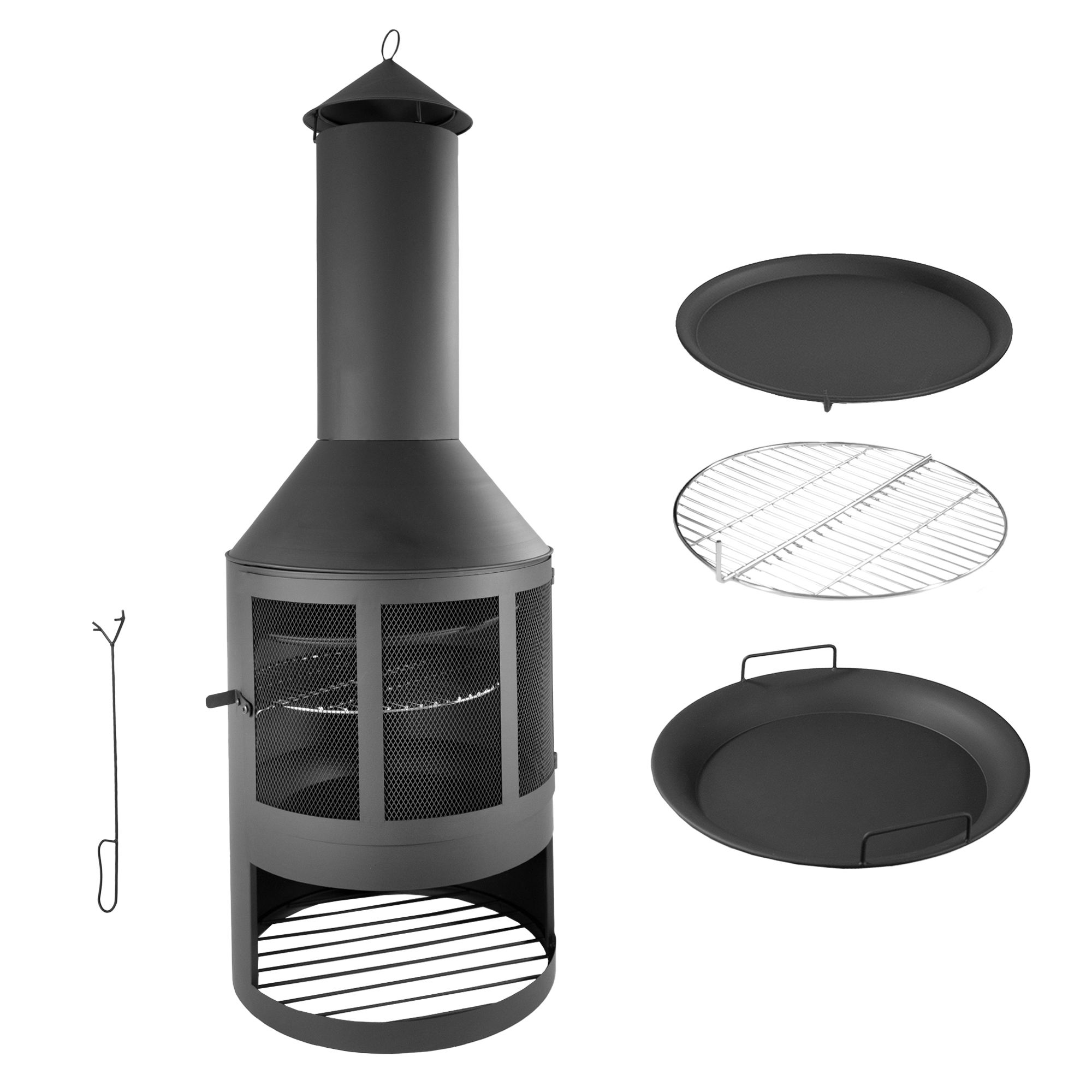 Gartenkamin mit Grillrost und Pfanne, Outdoor-Kamin mit Funkenschutztür, 136 cm hoch