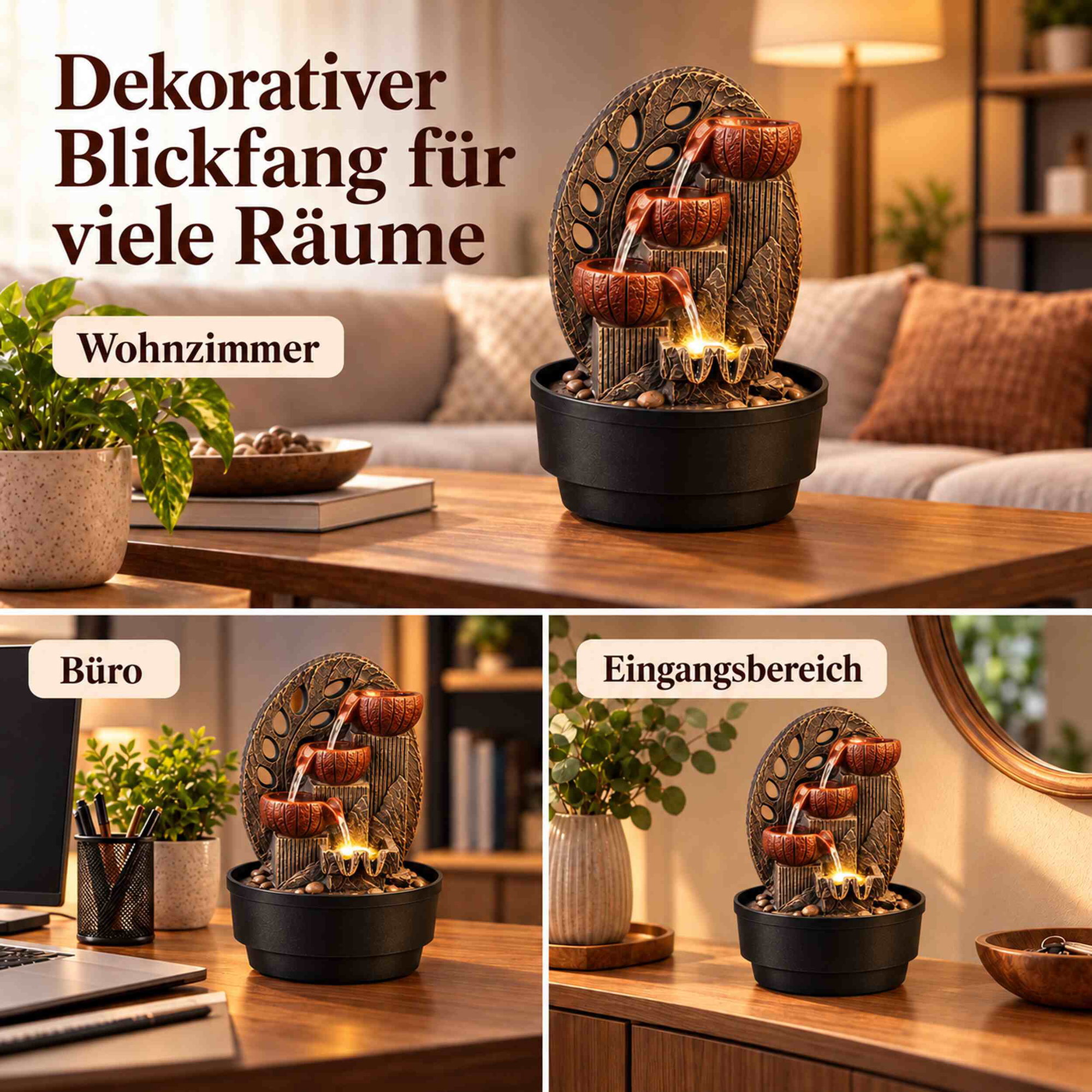 Zimmerbrunnen mit 3 Kaskaden, LED und Steinoptik in Grau-Braun Zimmerbrunnen mit drei Kaskaden, LED-Beleuchtung und grau-brauner Steinoptik, platziert im Wohnzimmer, Büro und Eingangsbereich