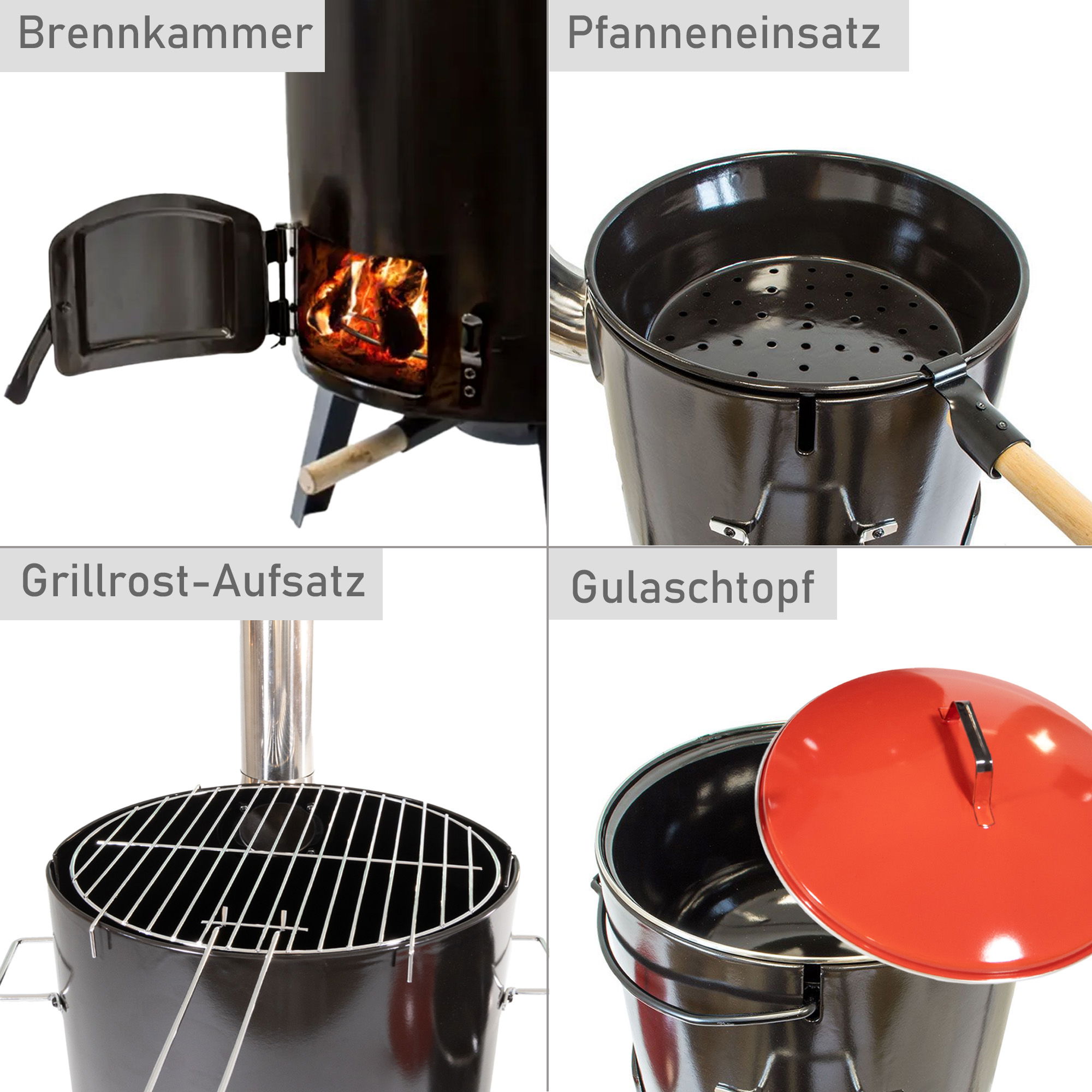 Gulaschkanone, Raketenofen mit Gulaschtopf, Glühweinkocher mit Suppenkelle, Grillgitter NA077_1