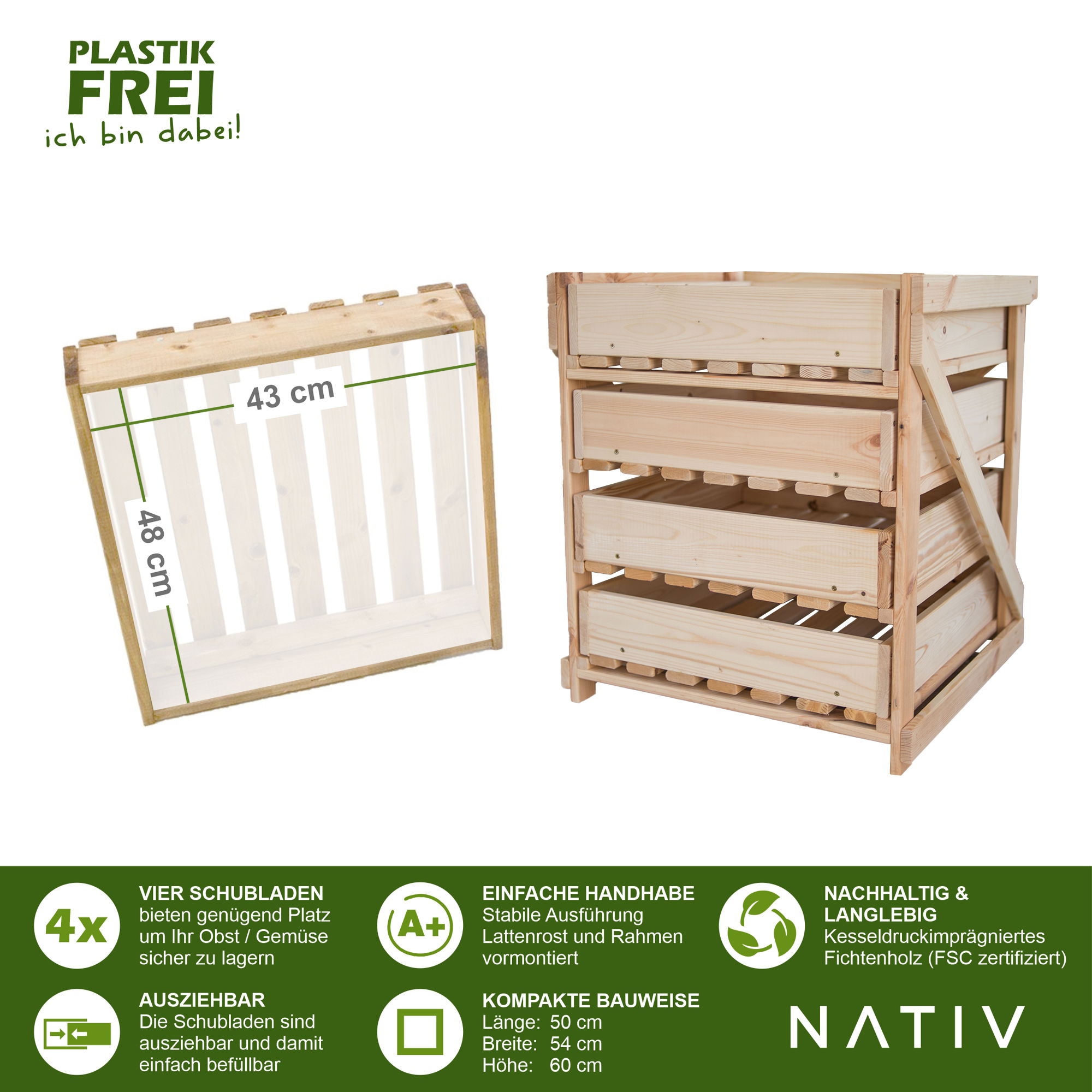 Obstkiste mit 4 Schubladen, natur, Kartoffelkiste aus Holz, kompakte Gemüsekiste NA002_N