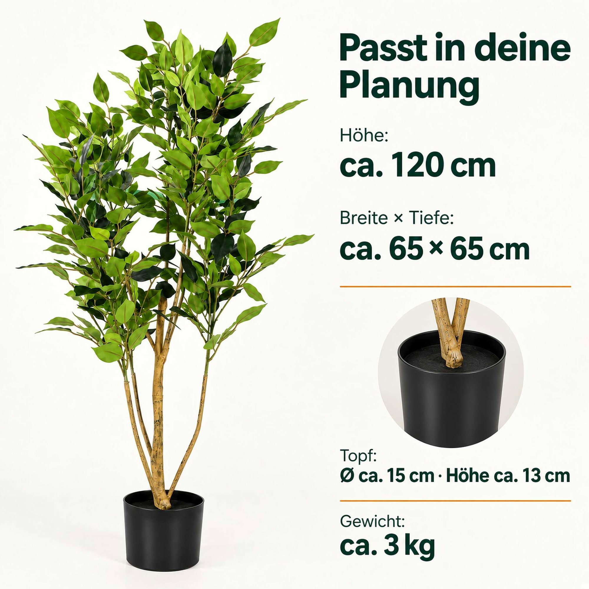 Künstlicher Ficus Benjamini, ca. 120 cm hoch, mit grünen Blättern und schwarzem Topf, daneben Maßangaben zu Höhe, Breite, Topf und Gewicht.